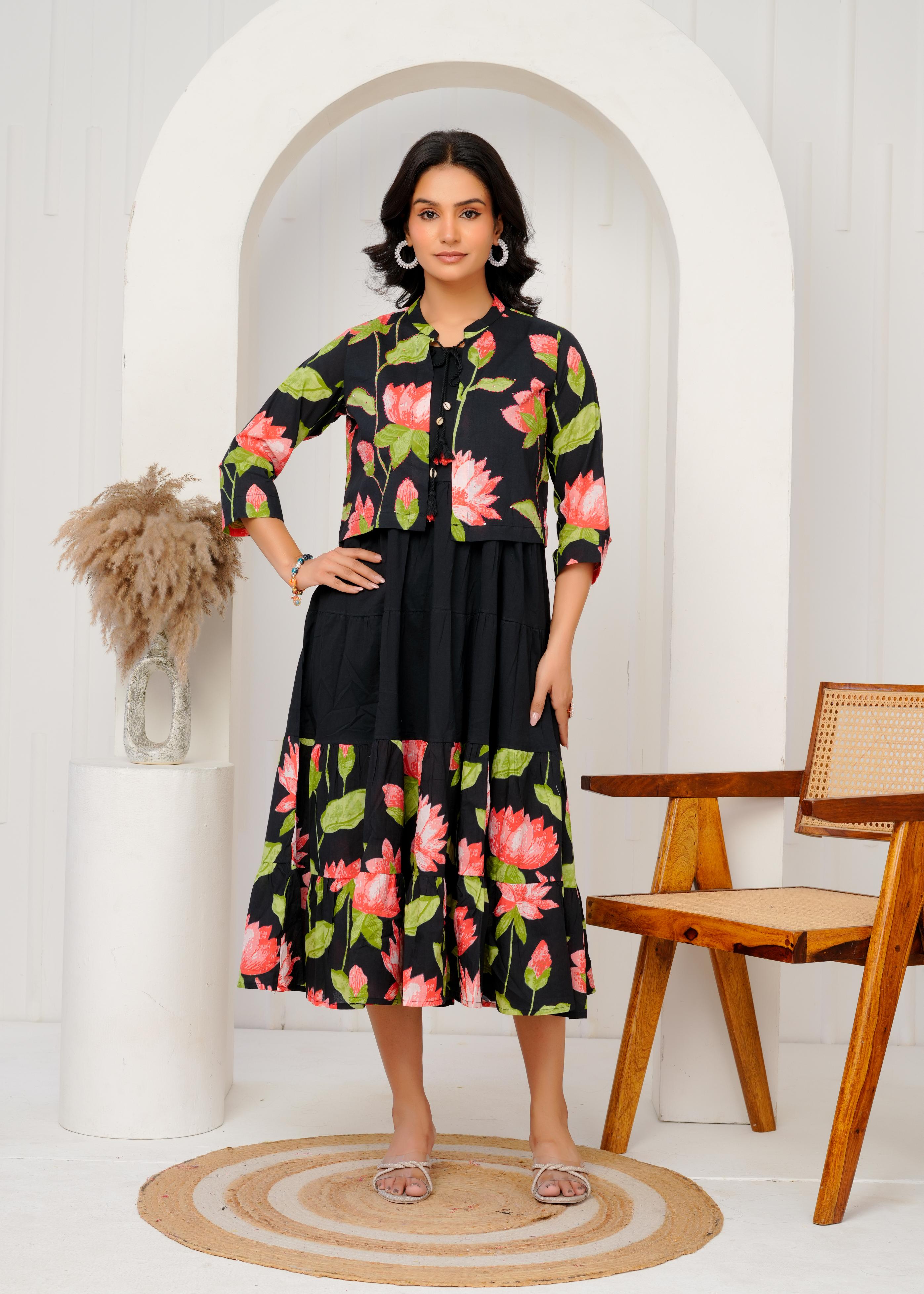 Floral Printed Regular Sleeves Cotton Black Dresses With Jacket