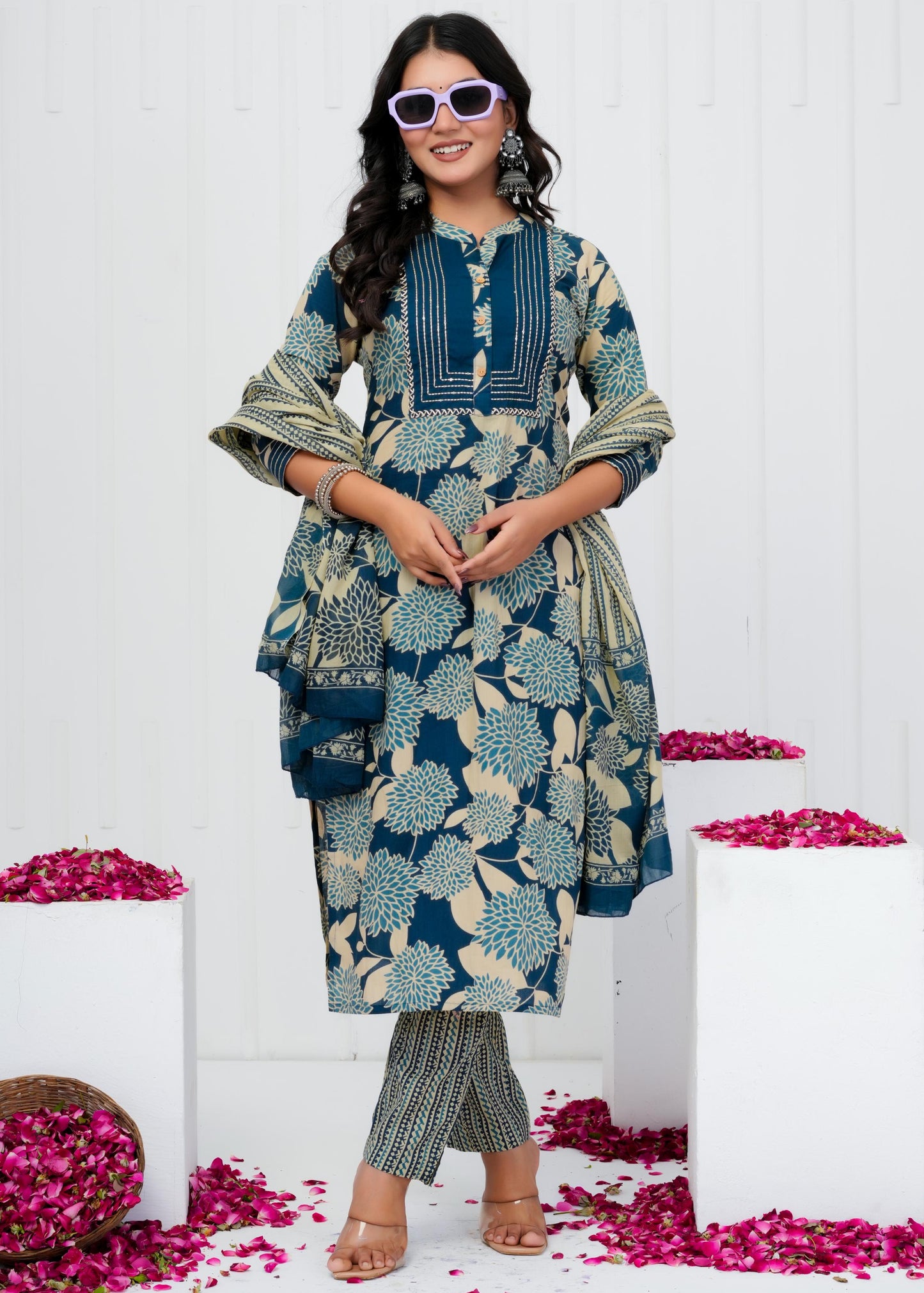 Pure Cotton Kurta With Pant & Dupatta