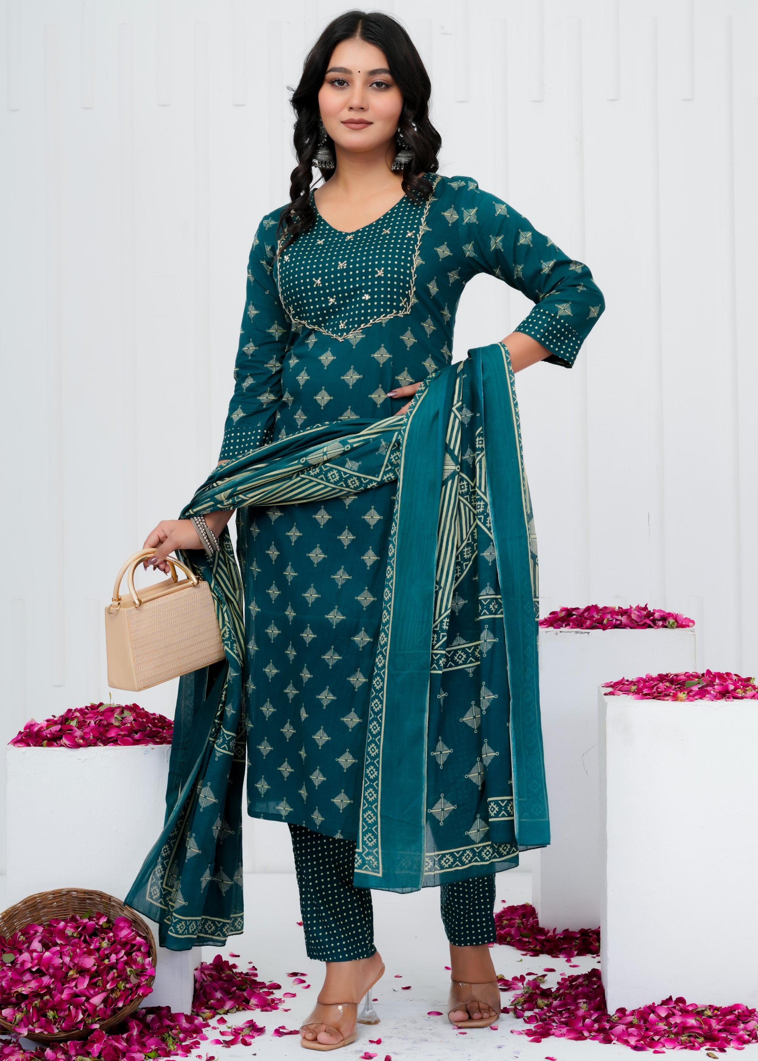 Pure Cotton Kurta With Pant & Dupatta