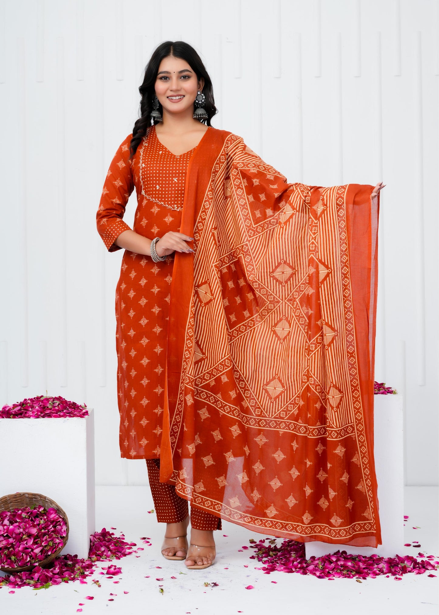 Pure Cotton Kurta With Pant & Dupatta