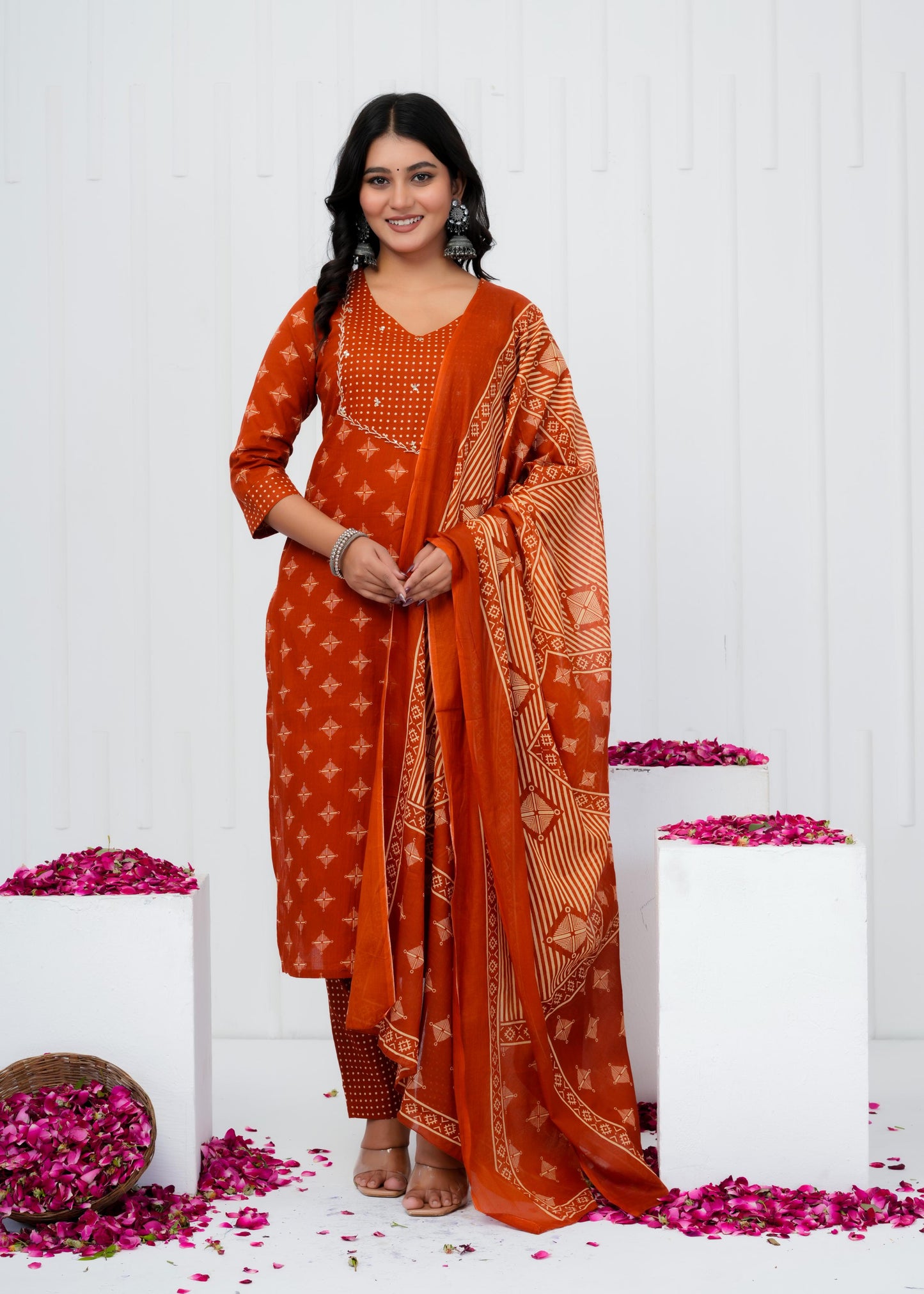 Pure Cotton Kurta With Pant & Dupatta