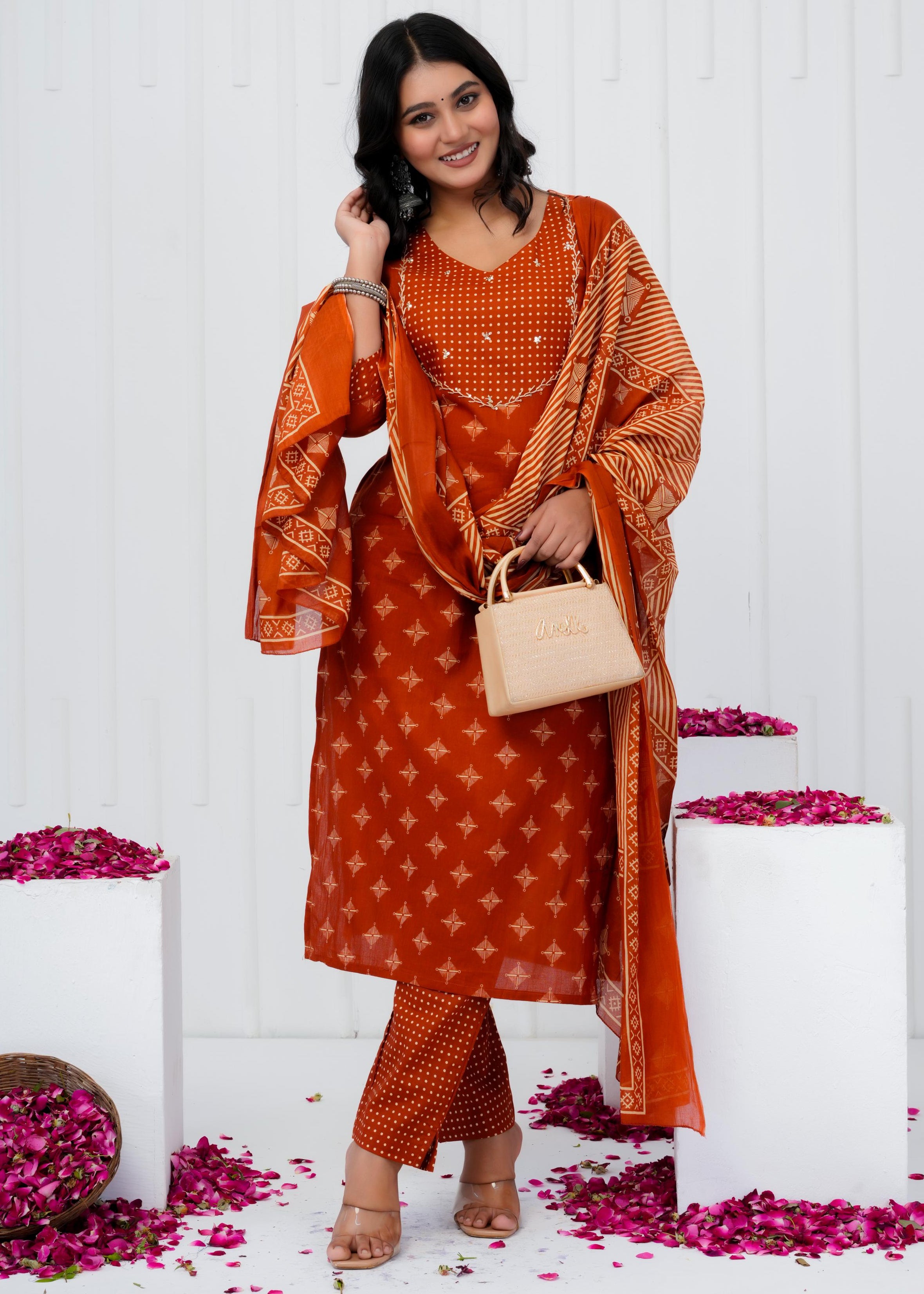 Pure Cotton Kurta With Pant & Dupatta