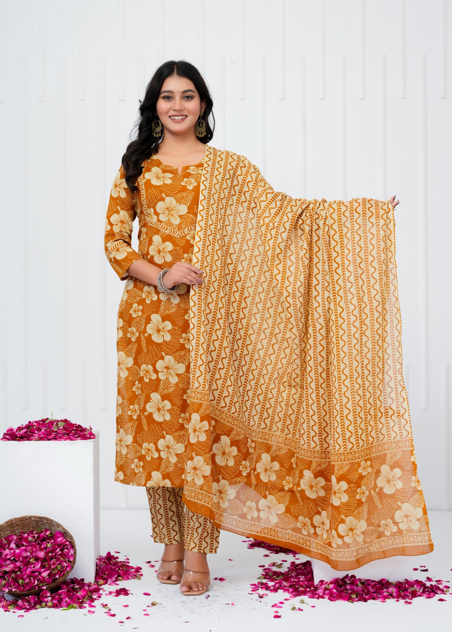 Pure Cotton Kurta With Pant & Dupatta