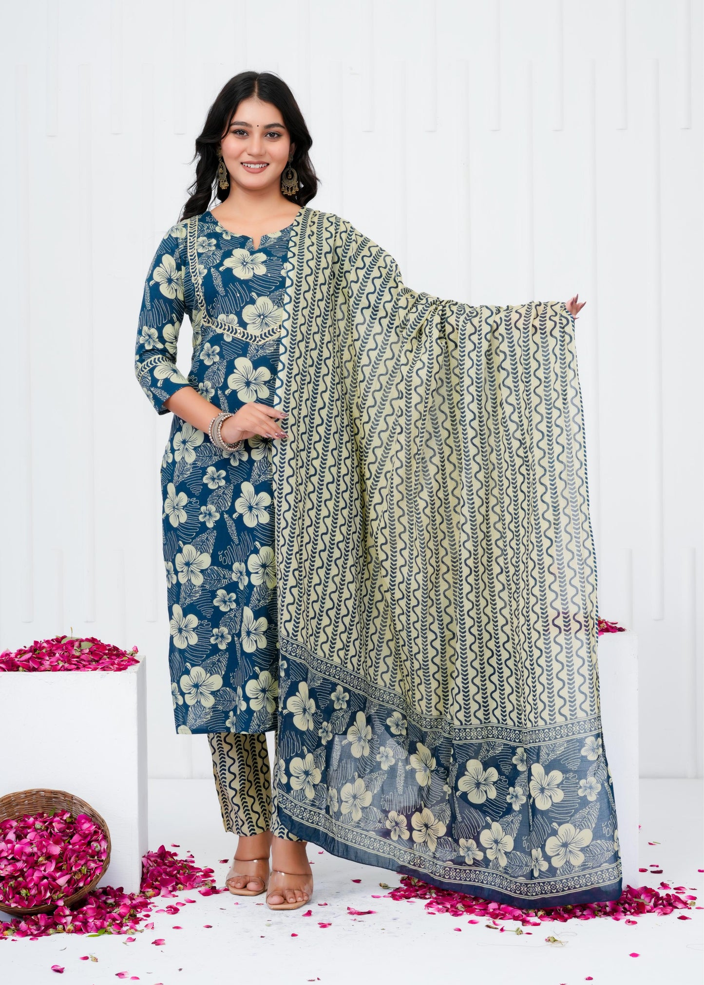 Pure Cotton Kurta With Pant & Dupatta