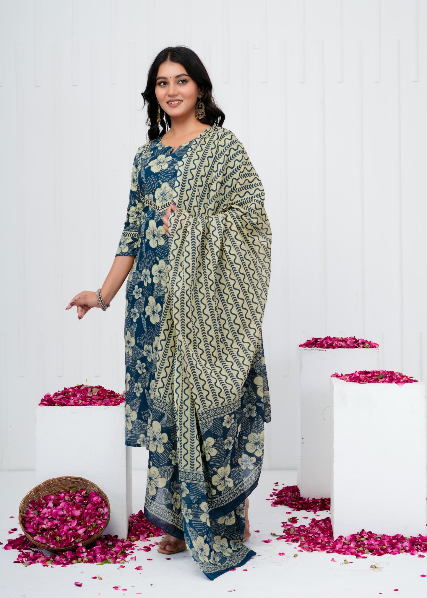 Pure Cotton Kurta With Pant & Dupatta