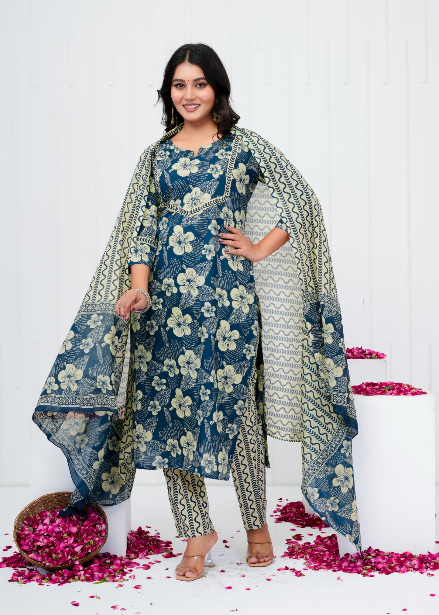 Pure Cotton Kurta With Pant & Dupatta