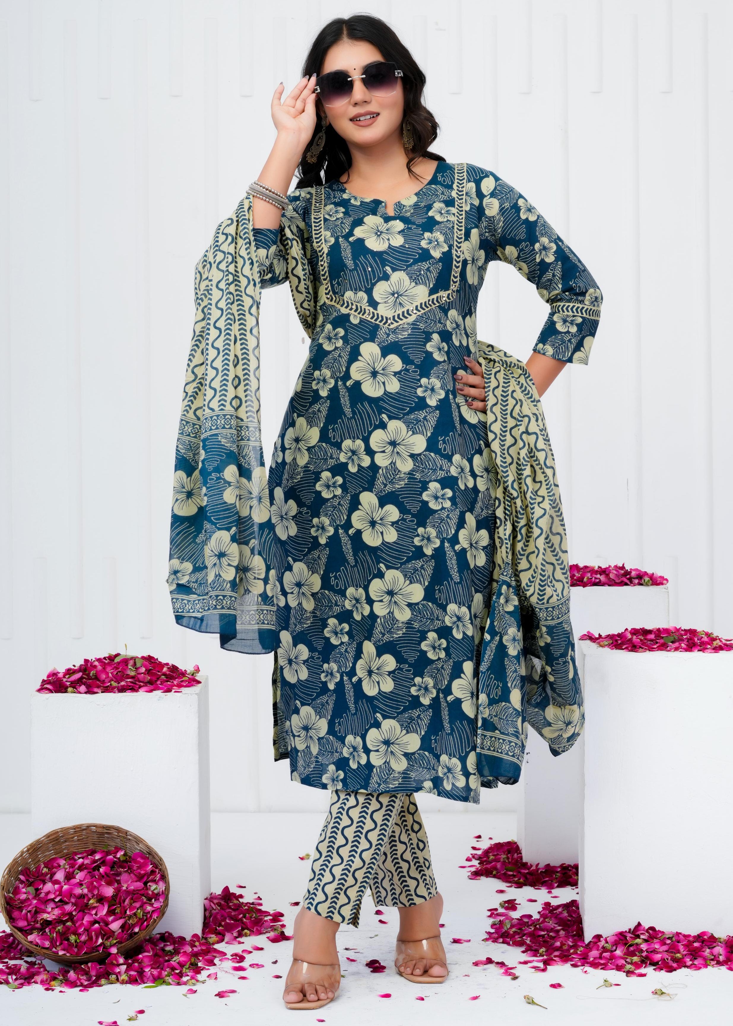 Pure Cotton Kurta With Pant & Dupatta