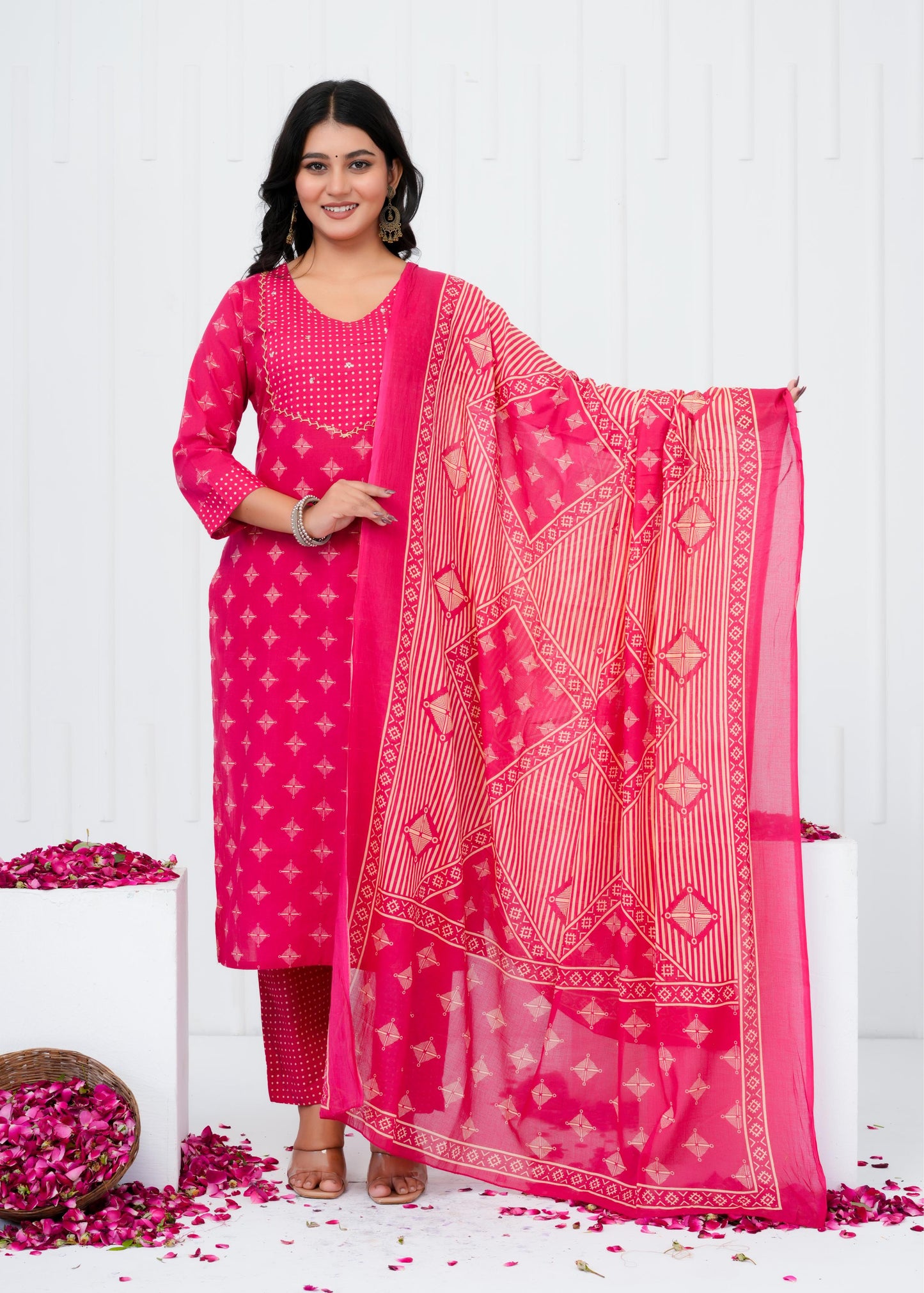 Pure Cotton Kurta With Pant & Dupatta