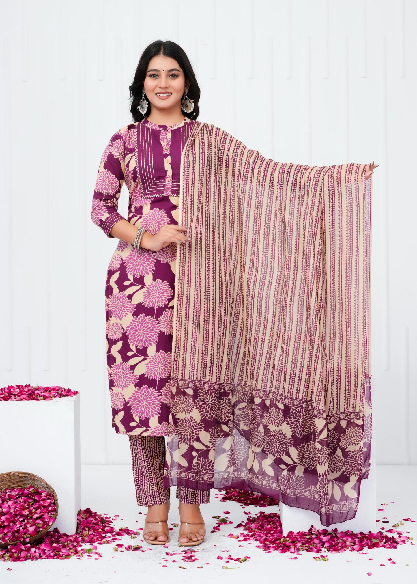 Pure Cotton Kurta With Pant & Dupatta