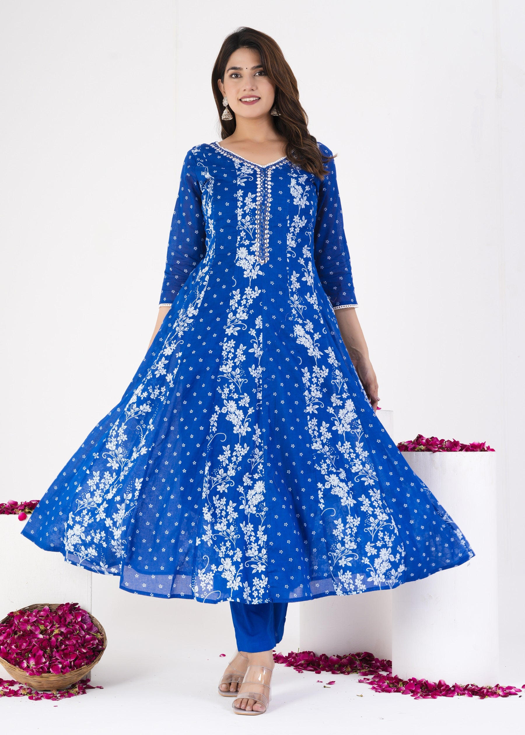 Blue Floral Printed Kurta With Solid Trousers