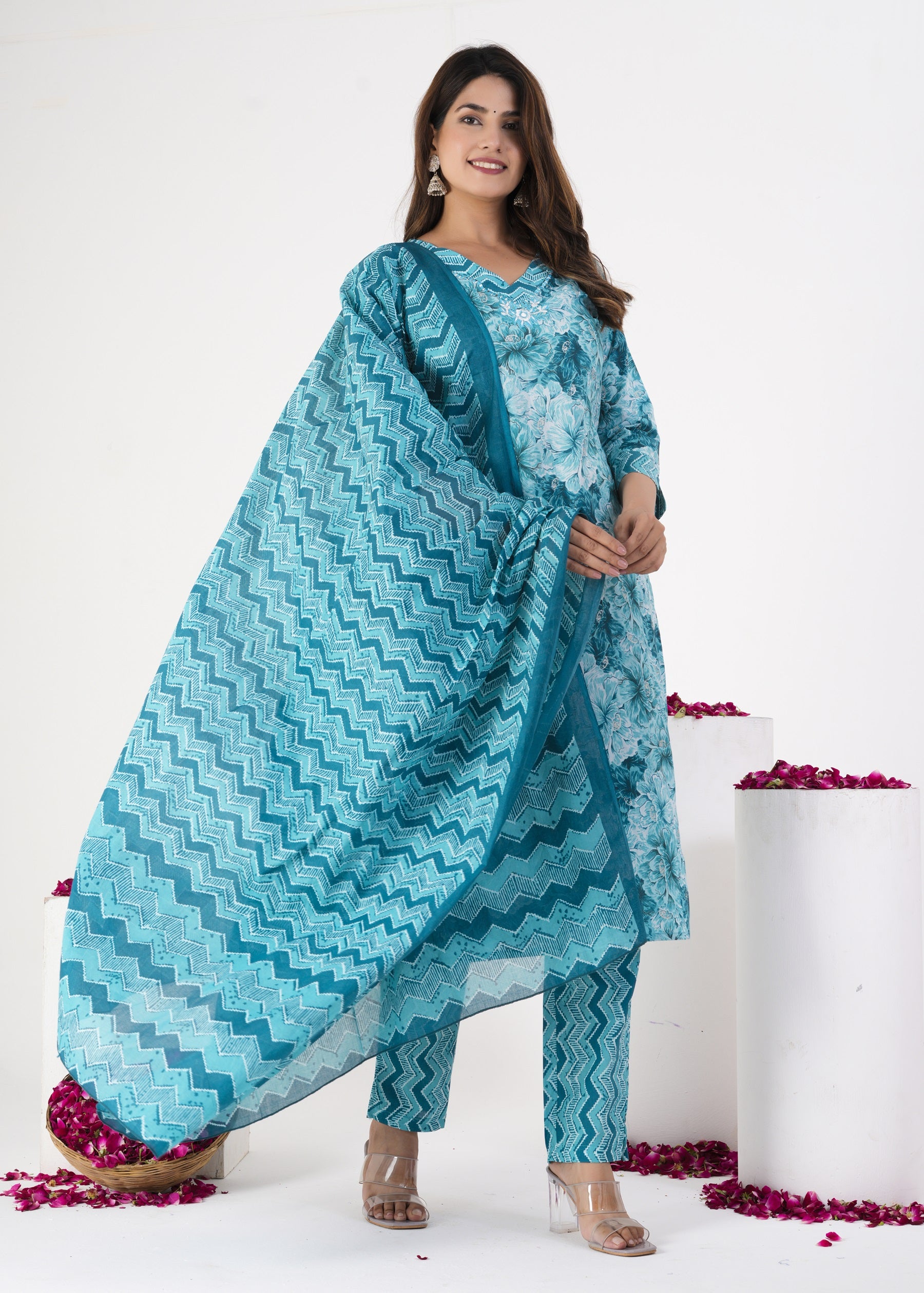 Blue Floral Printed Kurta & Trousers With Dupatta