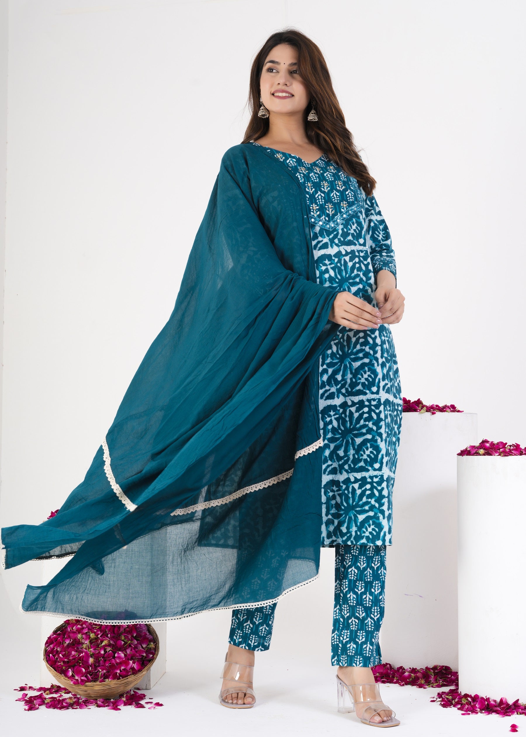 Blue Floral Printed Kurta & Trousers With Dupatta