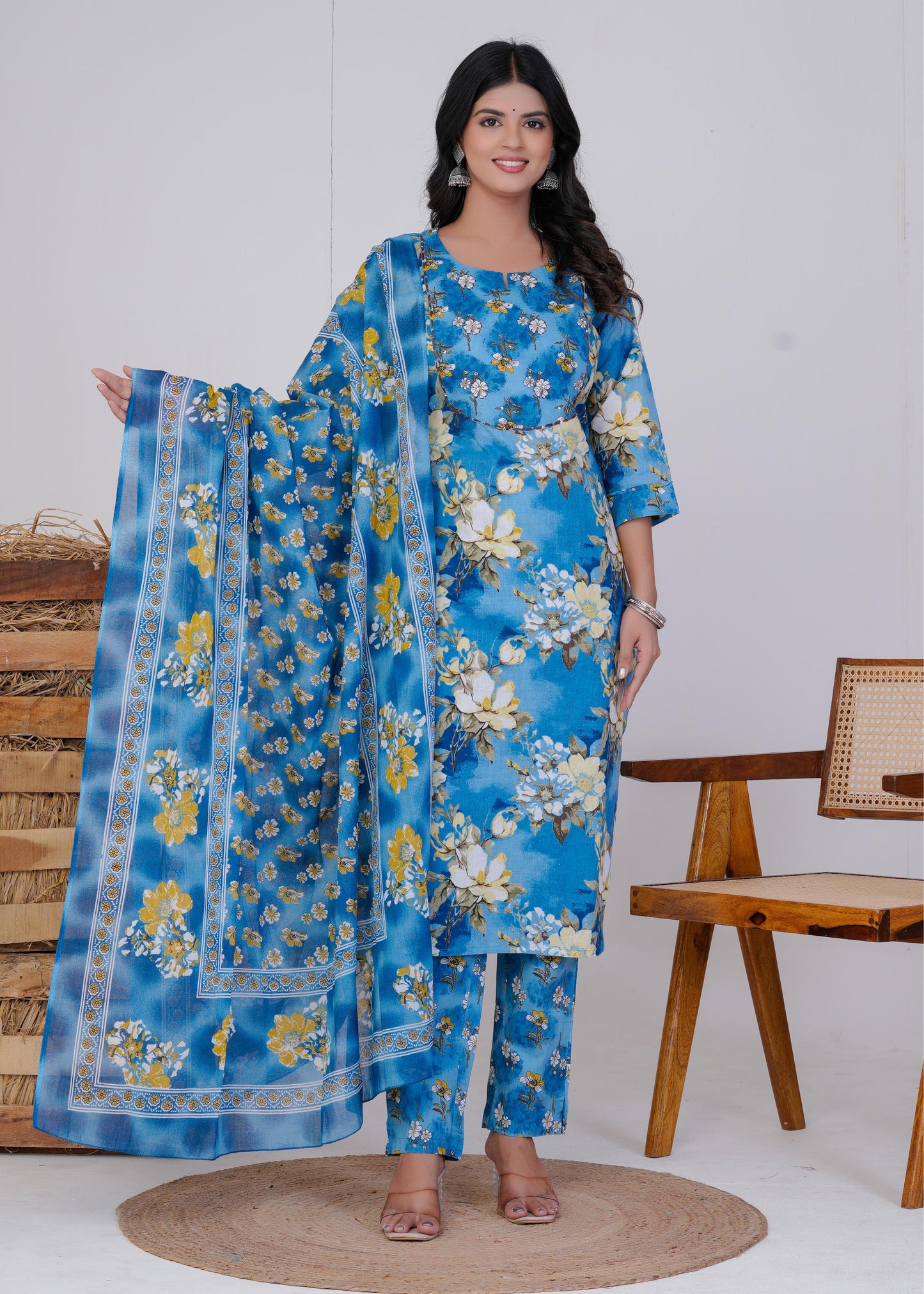 Cotton Printed Straight Blue Kurta Set With Dupatta