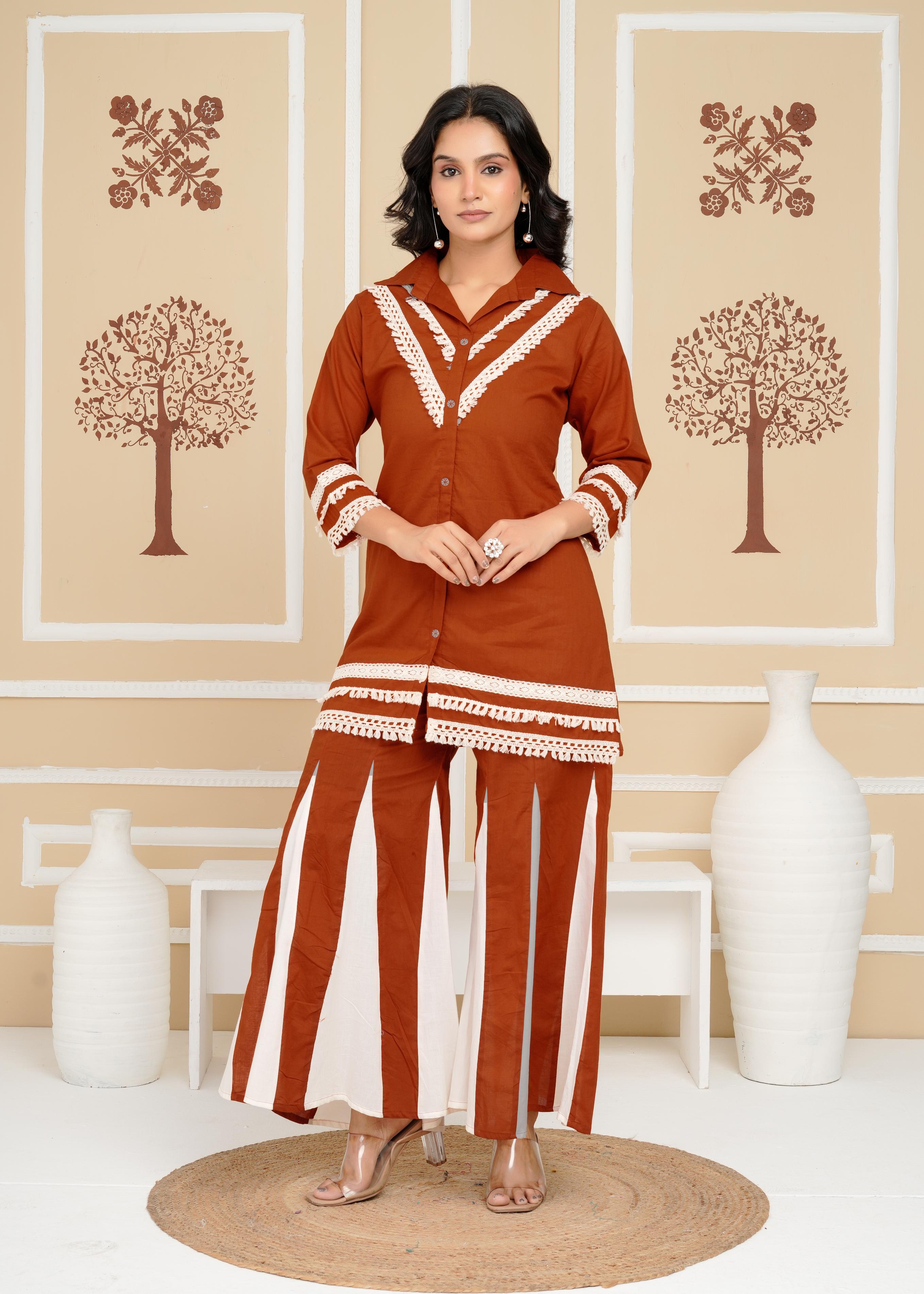 Women's , Yellow Cotton Rust  Co-Ord Set, Night Suit Set