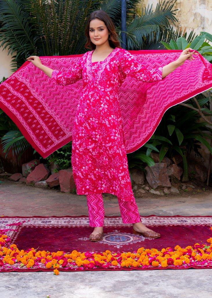 Pink Color, Pure Cotton printed Kurta with Trousers with dupatta