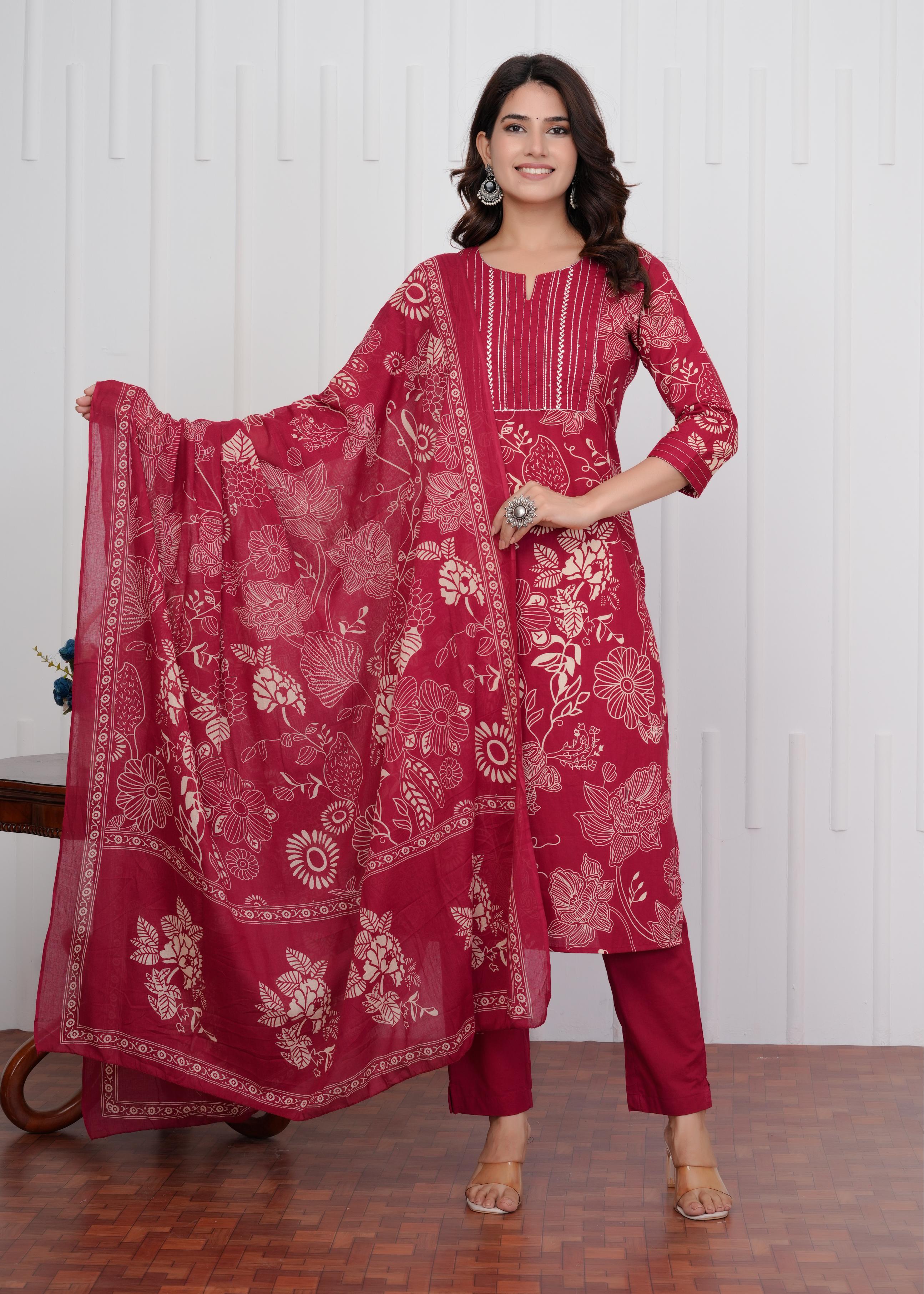 Cotton Printed Straight Maroon Kurta Set With Dupatta
