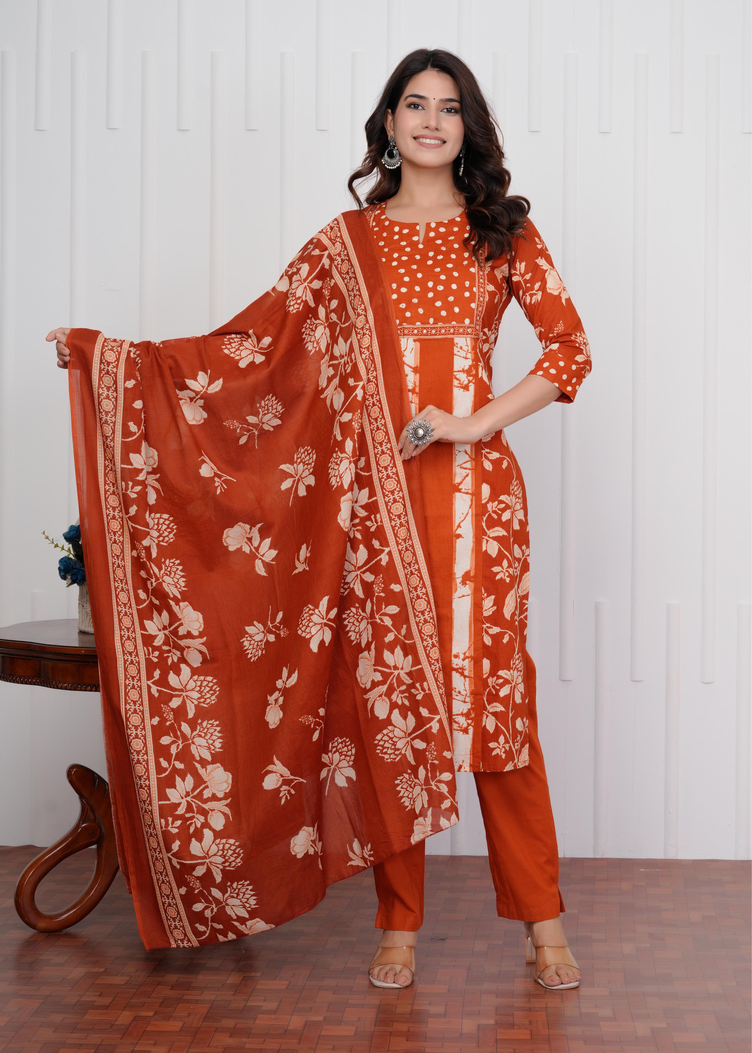 Cotton Printed Straight Orange Kurta Set With Dupatta