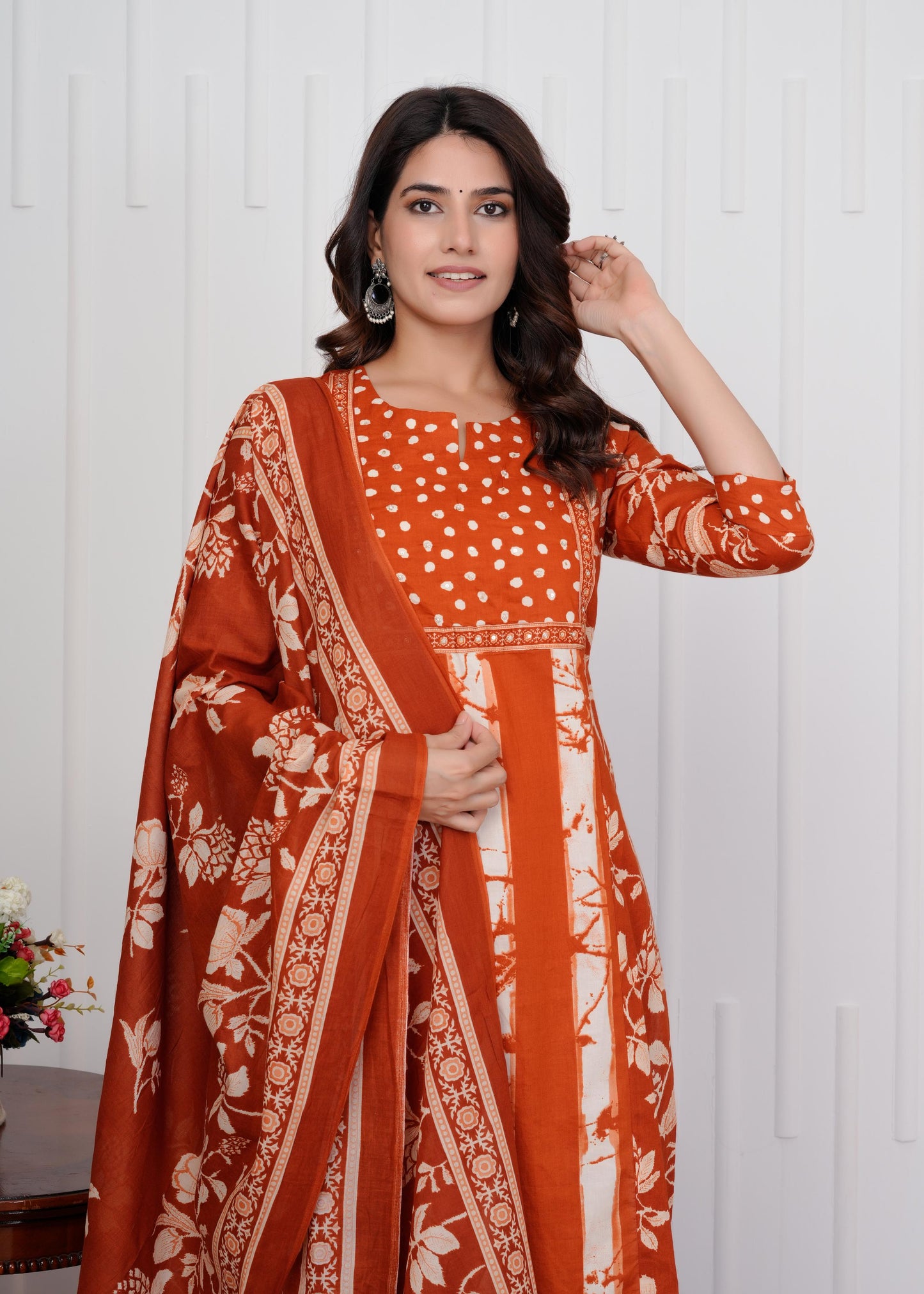 Cotton Printed Straight Orange Kurta Set With Dupatta
