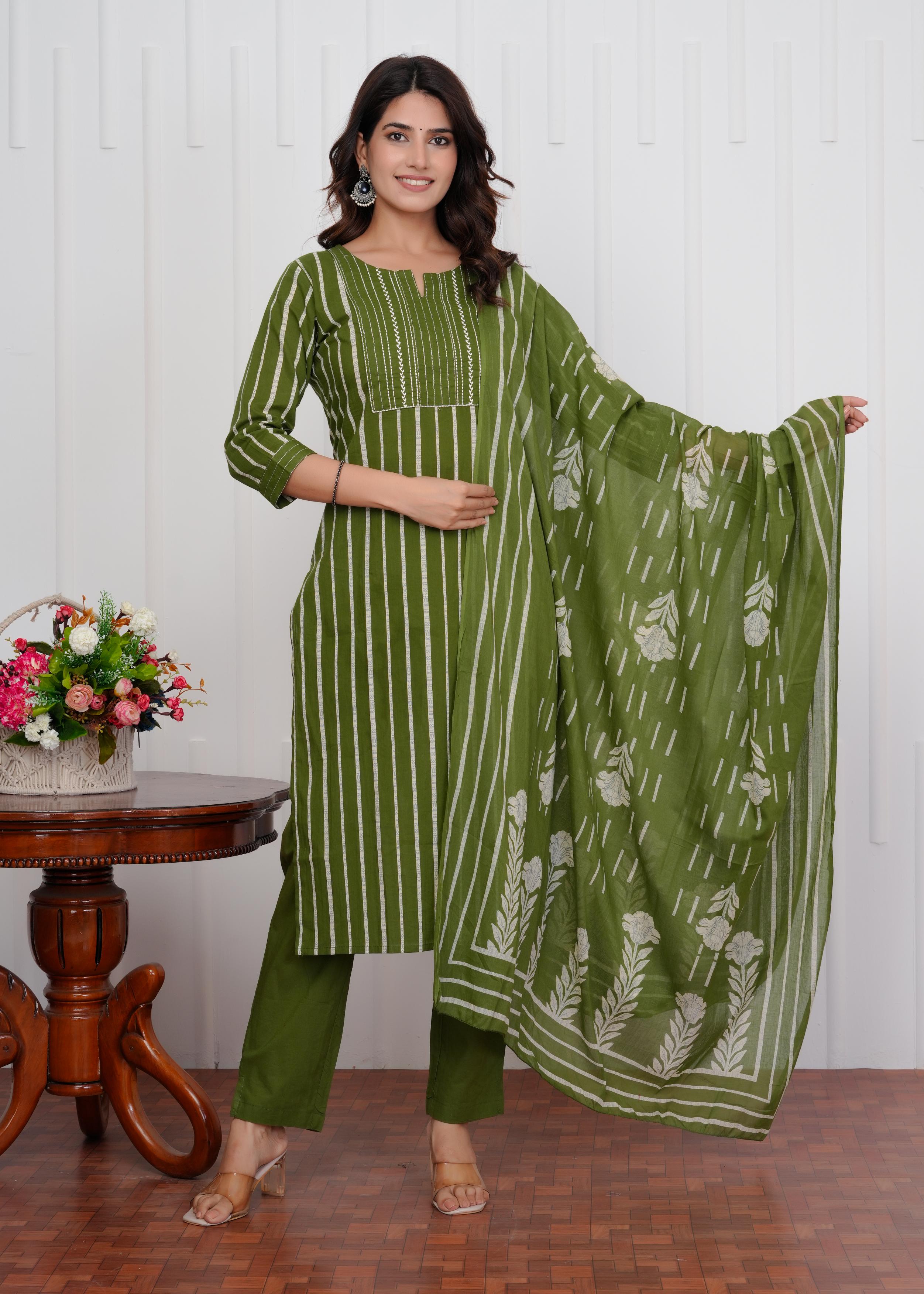 Cotton Printed Straight Green Kurta Set With Dupatta