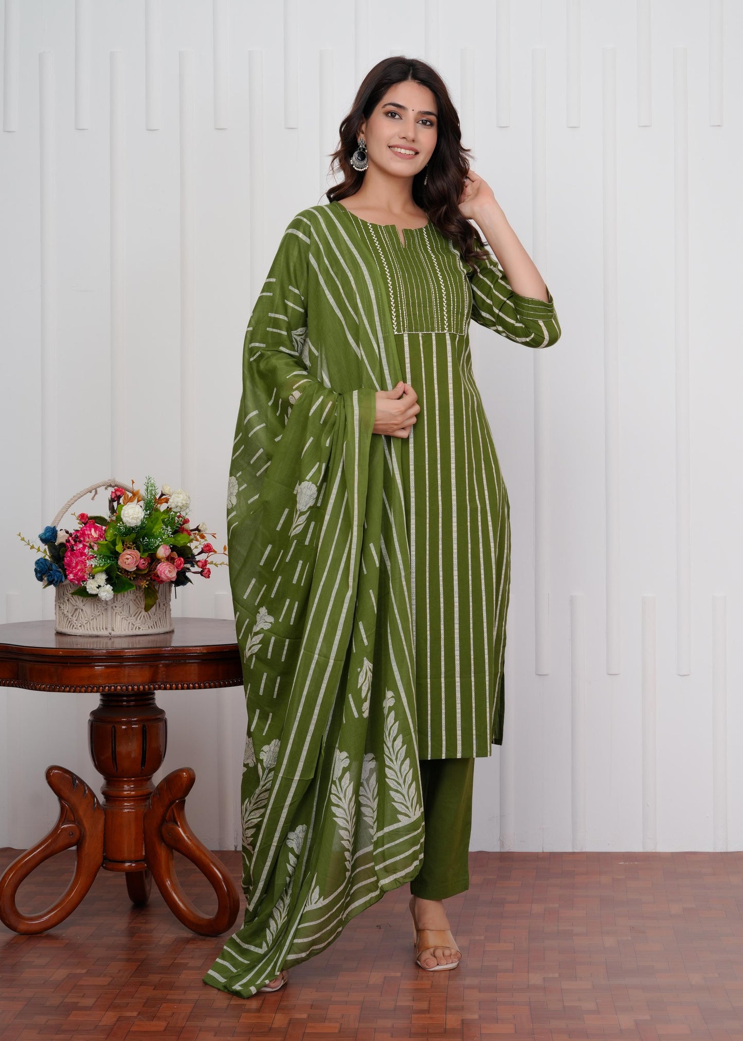 Cotton Printed Straight Green Kurta Set With Dupatta