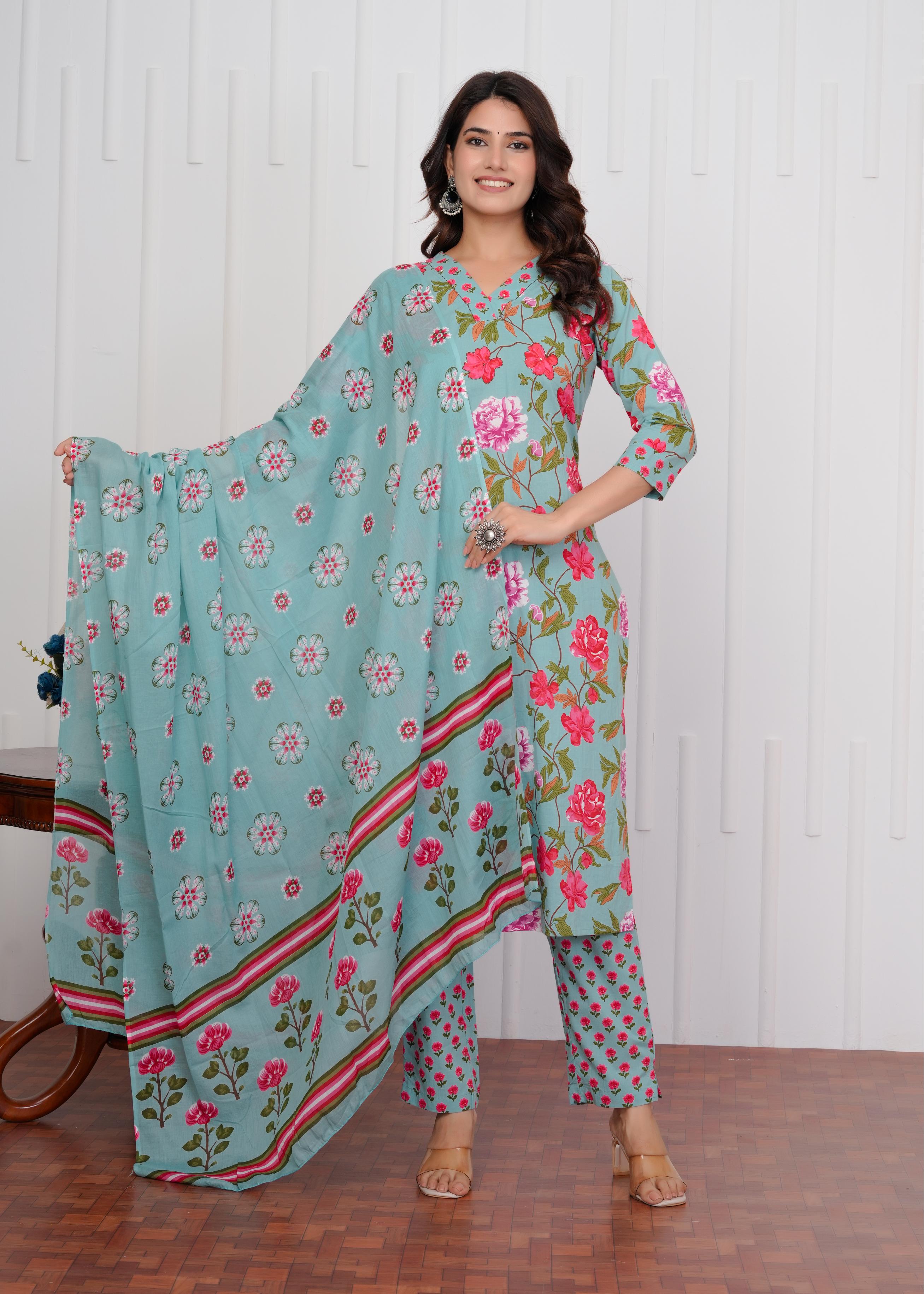Cotton Printed Straight Green Kurta Set With Dupatta