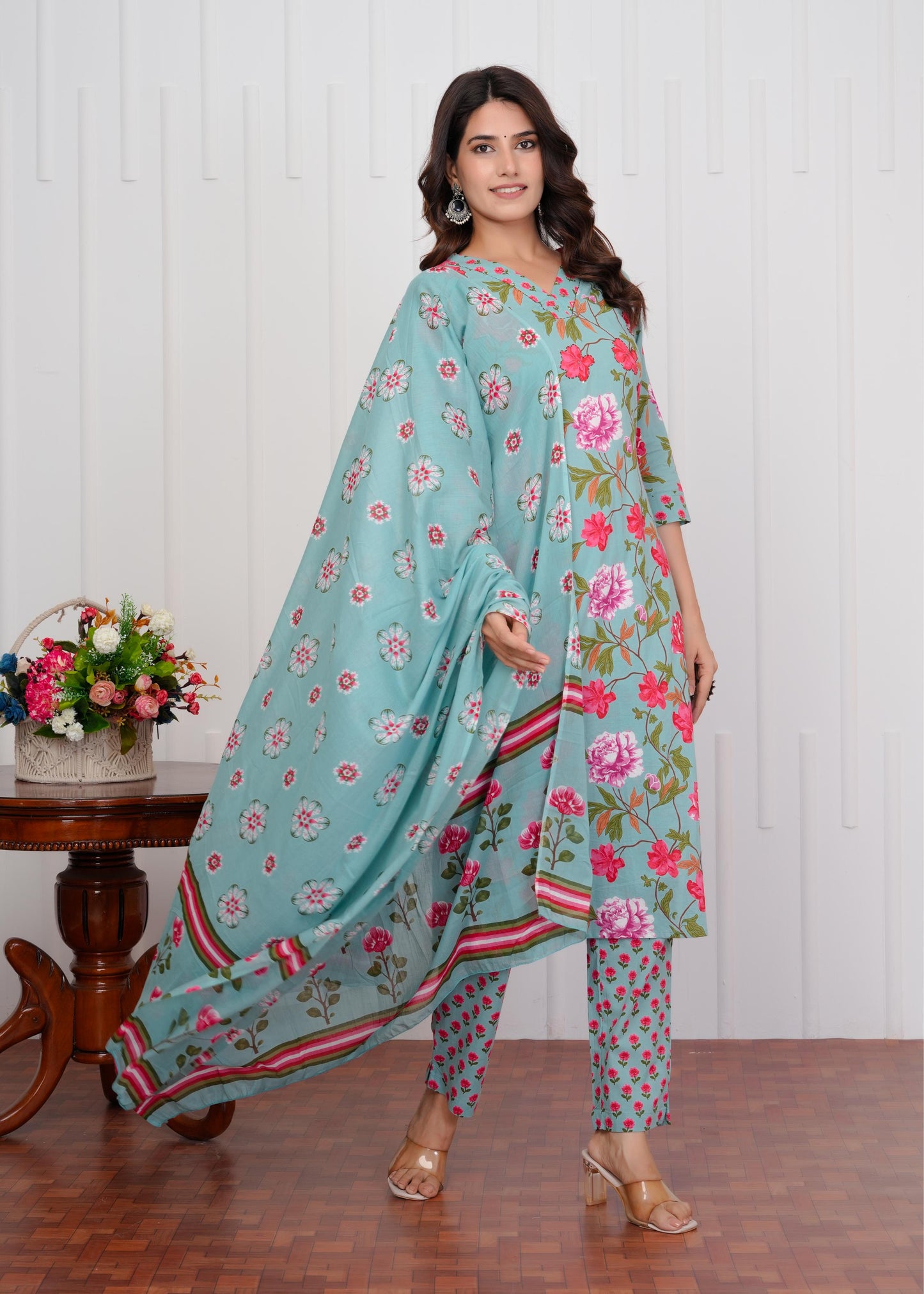 Cotton Printed Straight Green Kurta Set With Dupatta