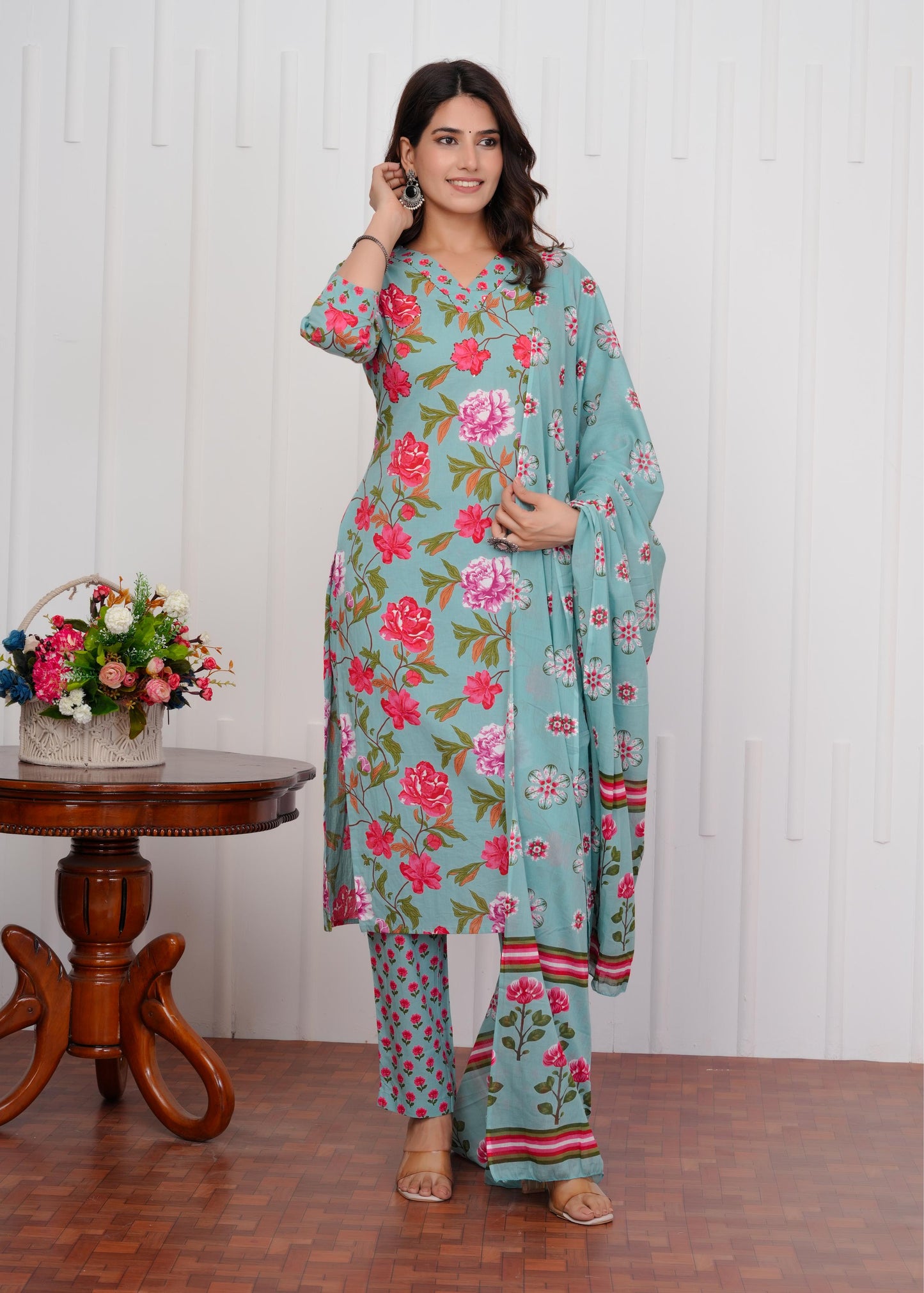 Cotton Printed Straight Green Kurta Set With Dupatta