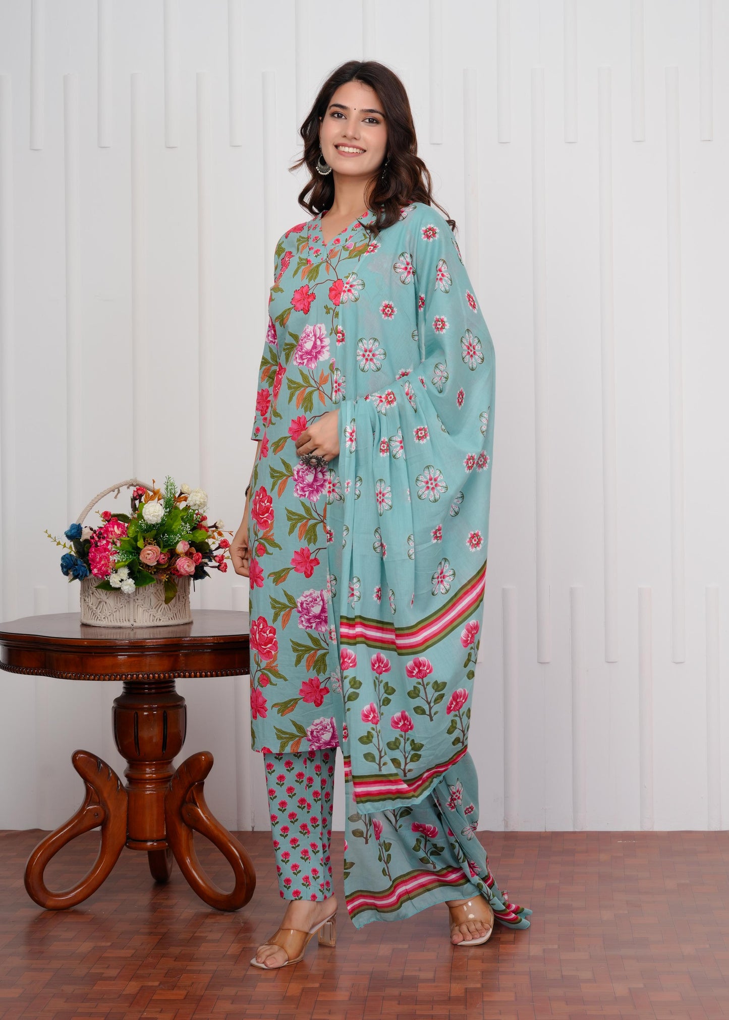 Cotton Printed Straight Green Kurta Set With Dupatta