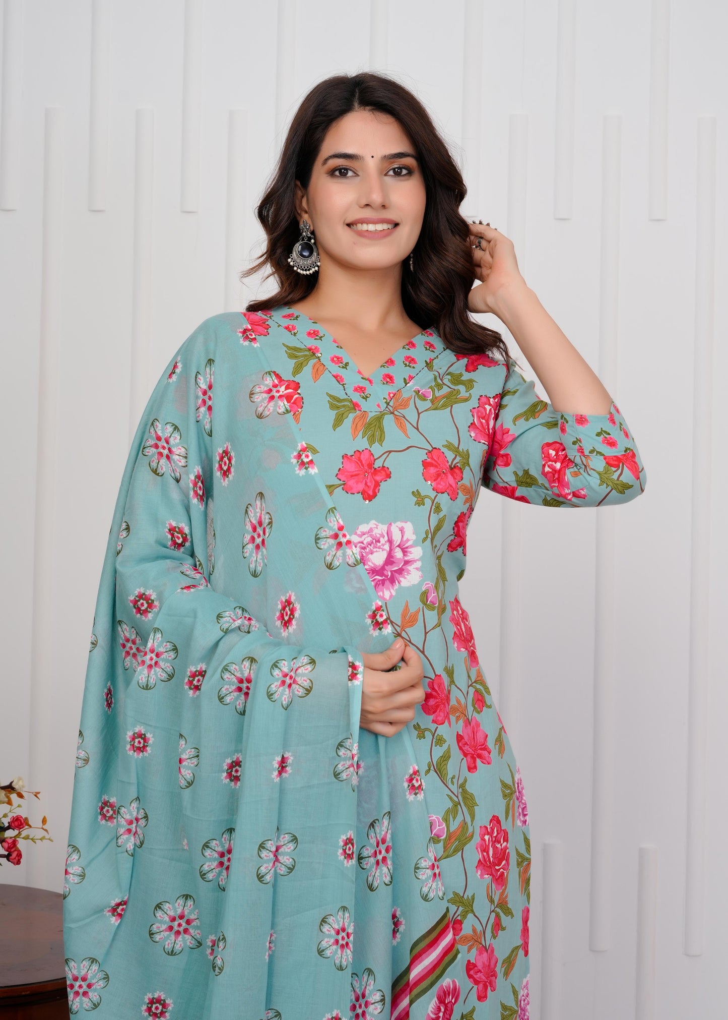 Cotton Printed Straight Green Kurta Set With Dupatta