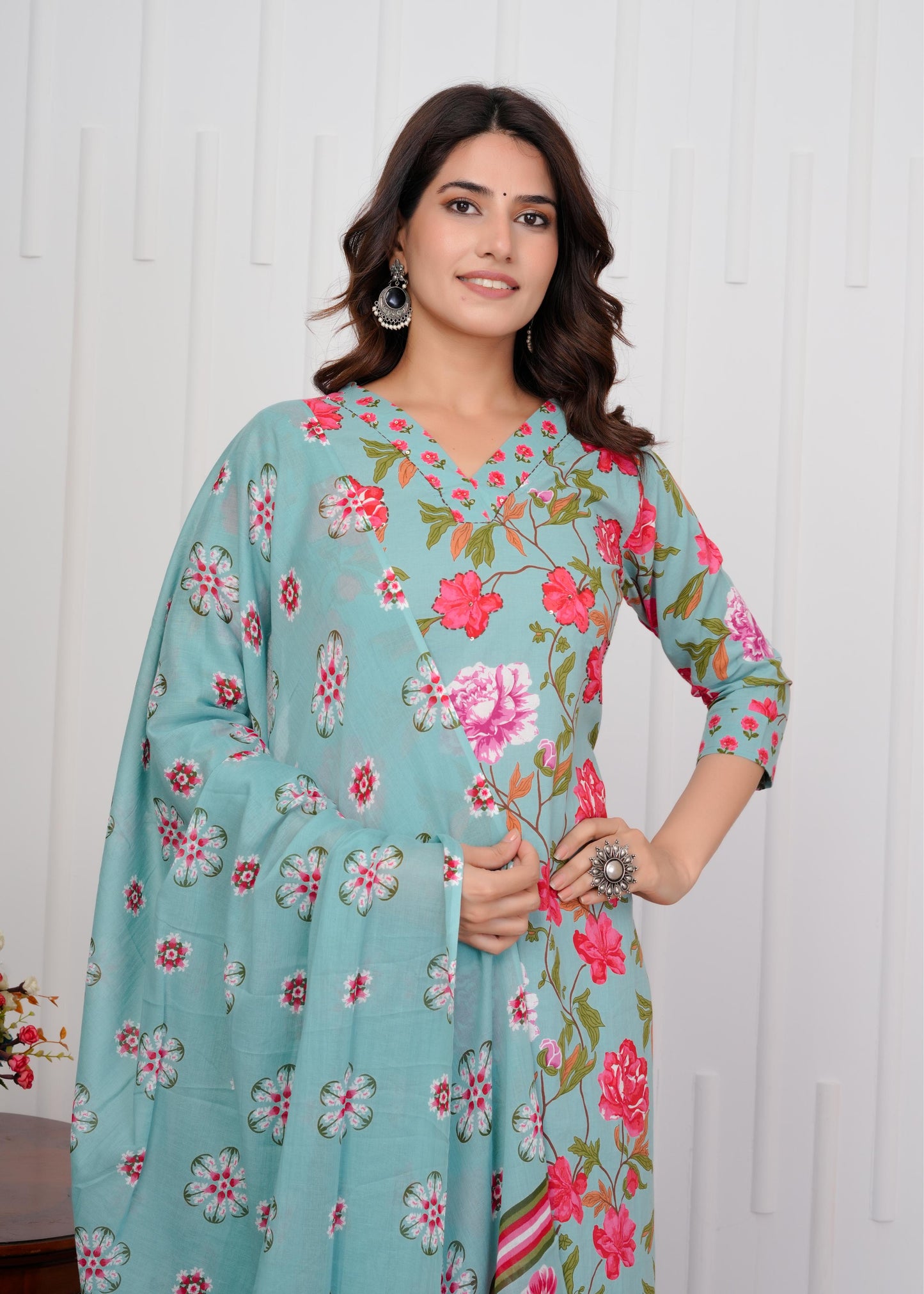 Cotton Printed Straight Green Kurta Set With Dupatta
