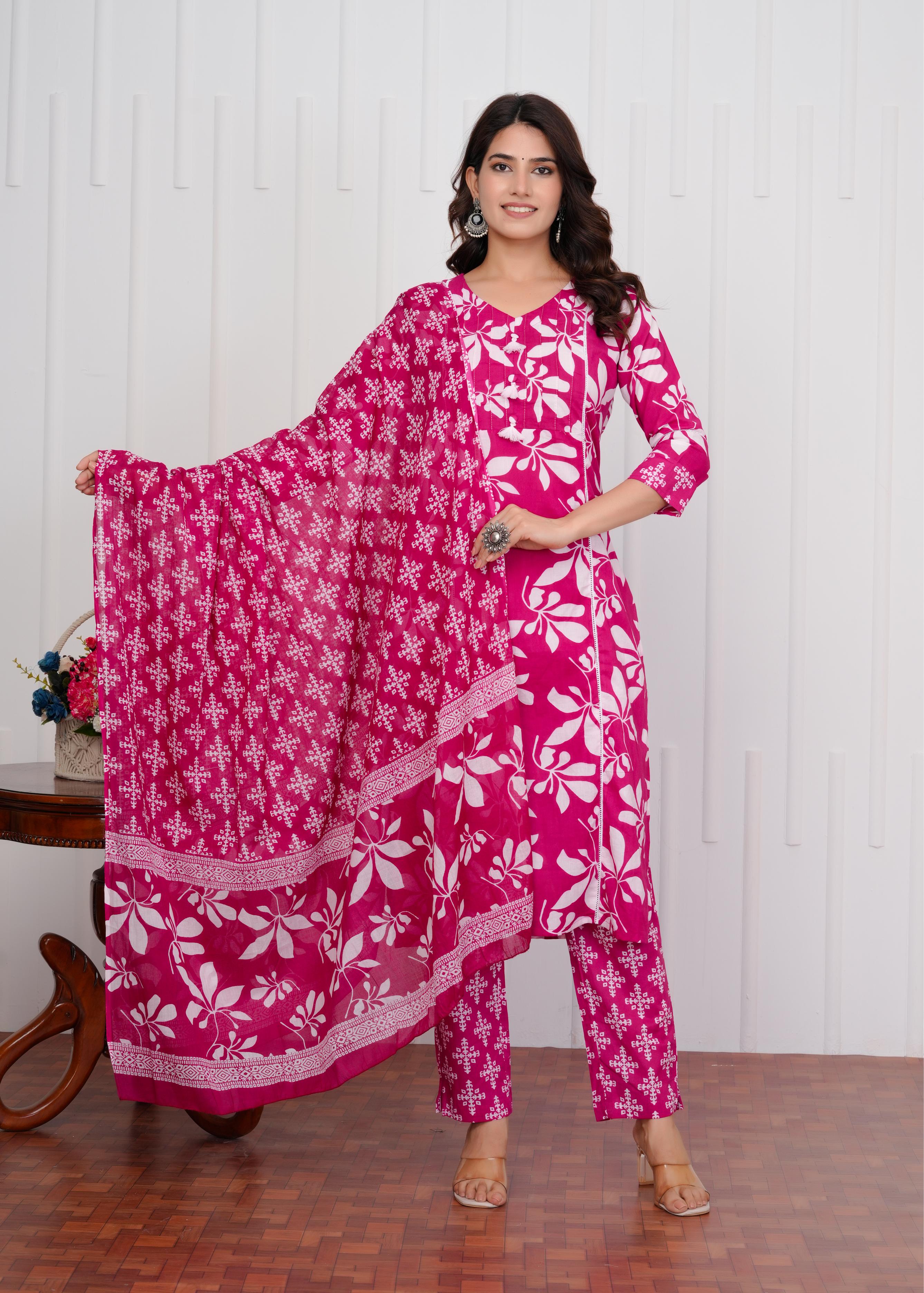Cotton Printed Straight Pink Kurta Set With Dupatta