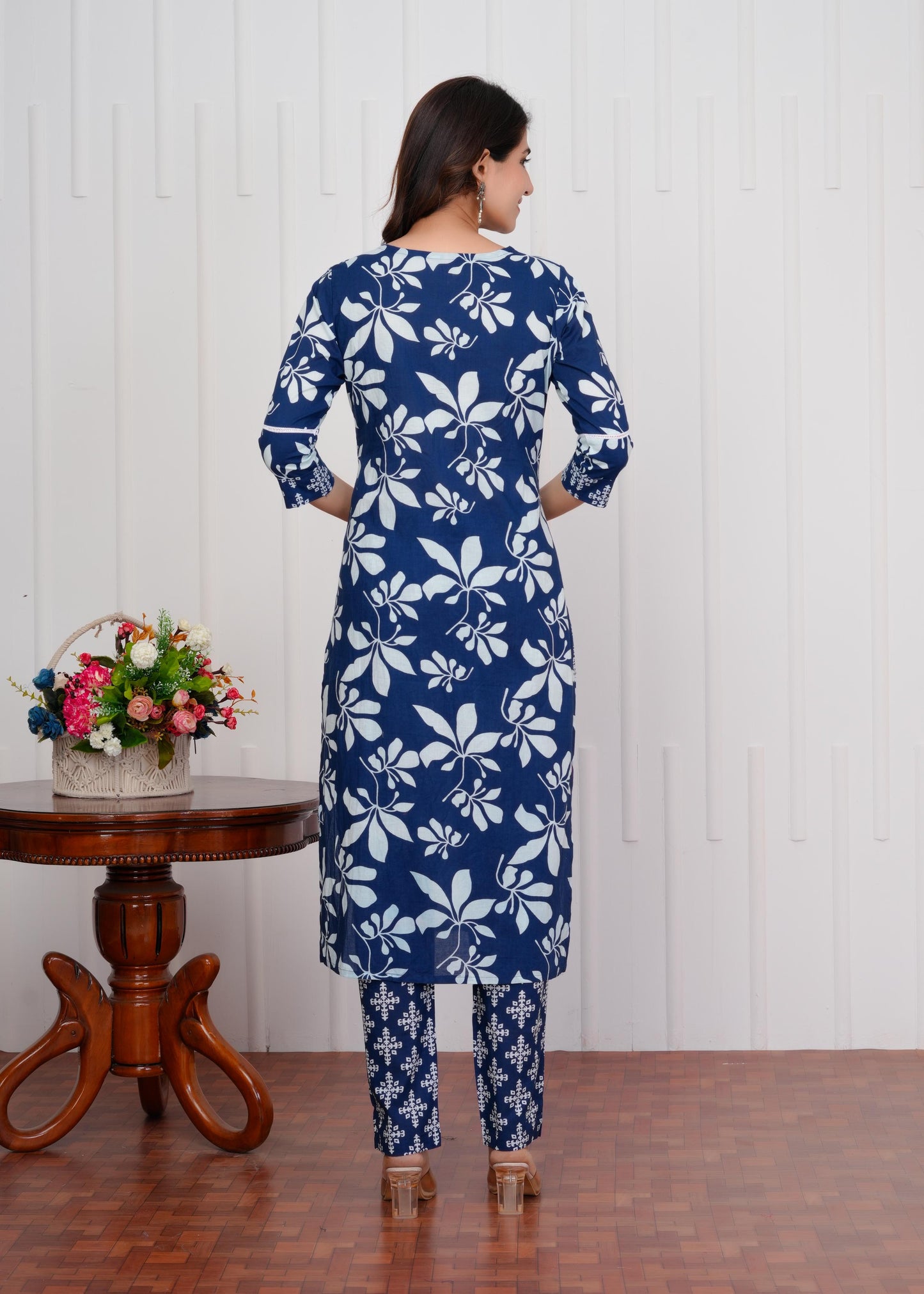 Cotton Printed Straight Blue Kurta Set With Dupatta