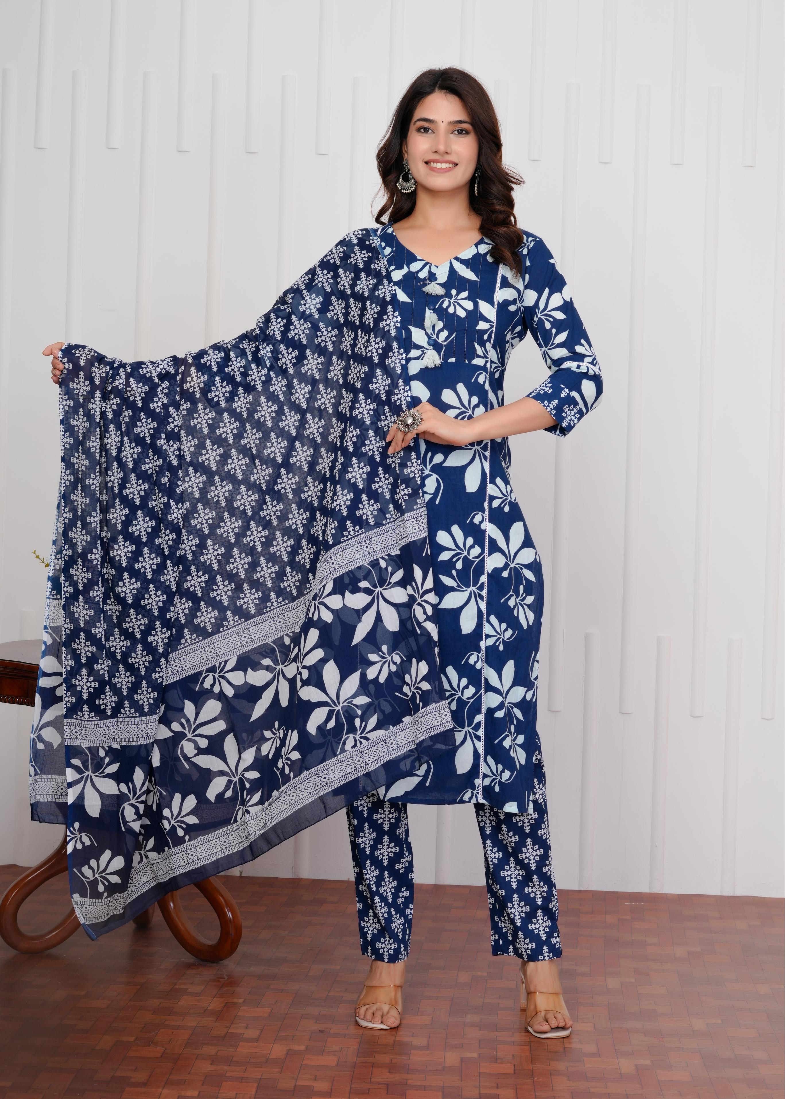 Cotton Printed Straight Blue Kurta Set With Dupatta
