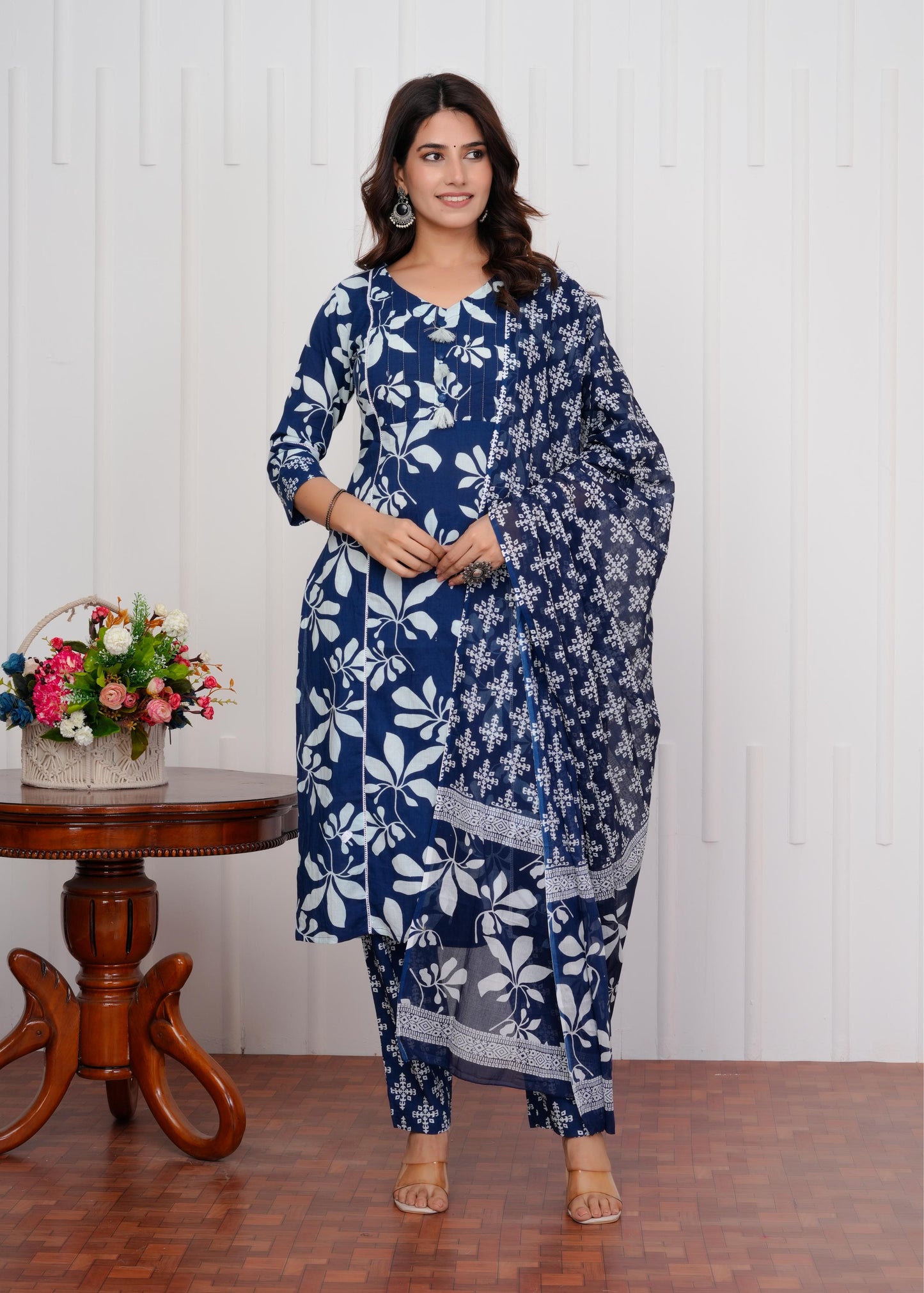 Cotton Printed Straight Blue Kurta Set With Dupatta