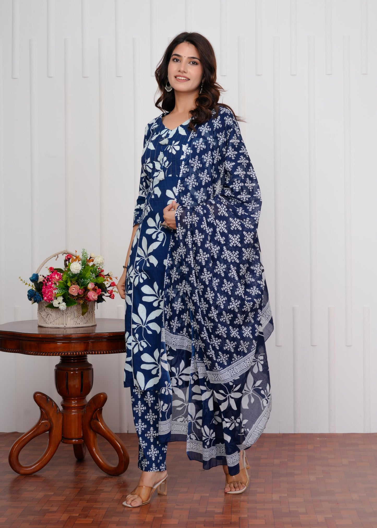 Cotton Printed Straight Blue Kurta Set With Dupatta