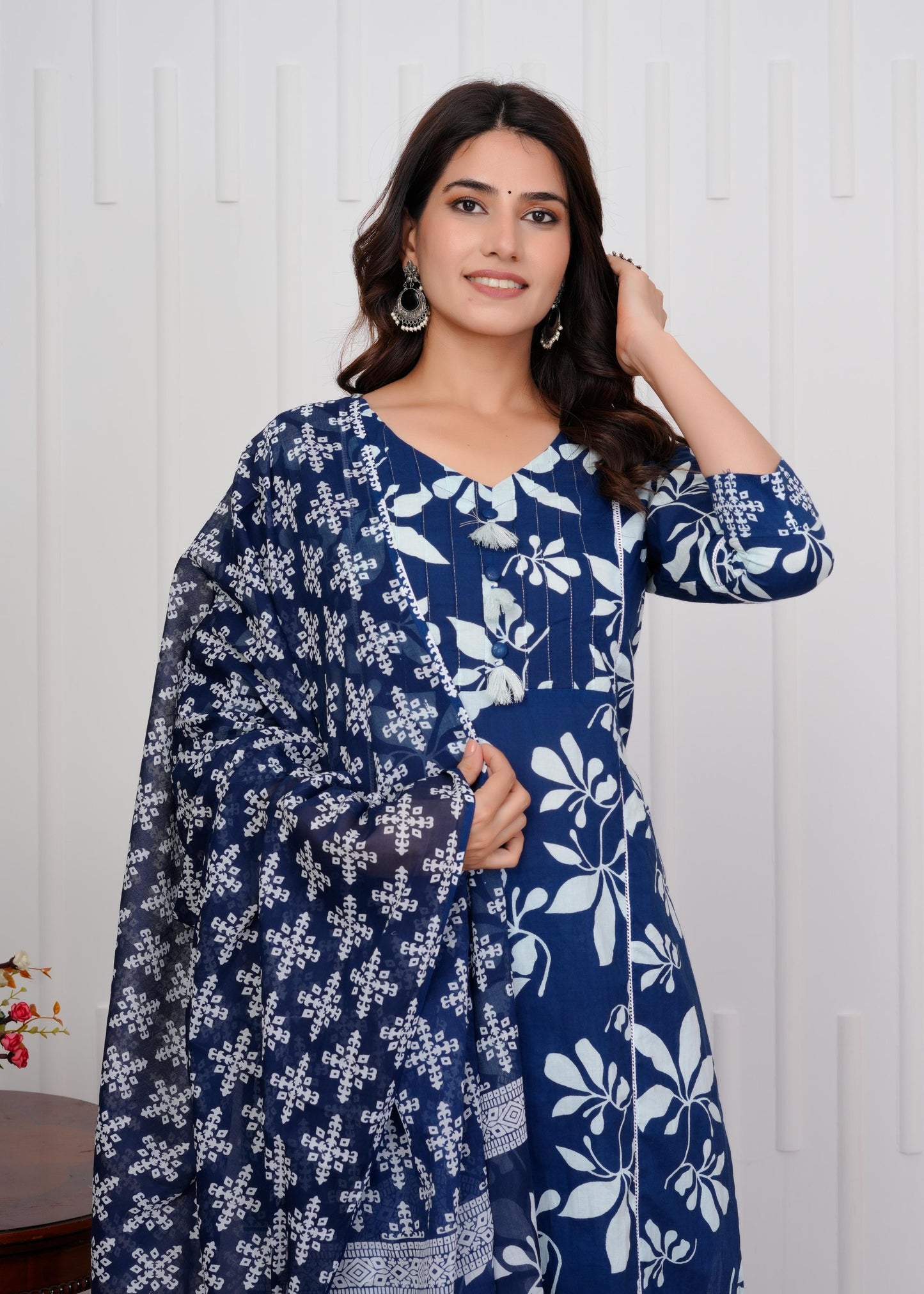 Cotton Printed Straight Blue Kurta Set With Dupatta