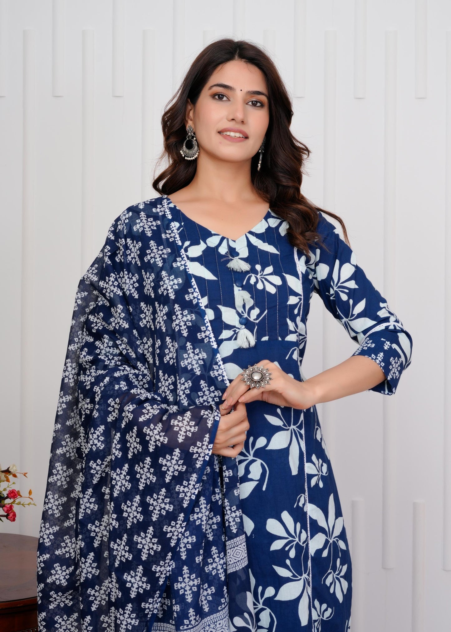 Cotton Printed Straight Blue Kurta Set With Dupatta