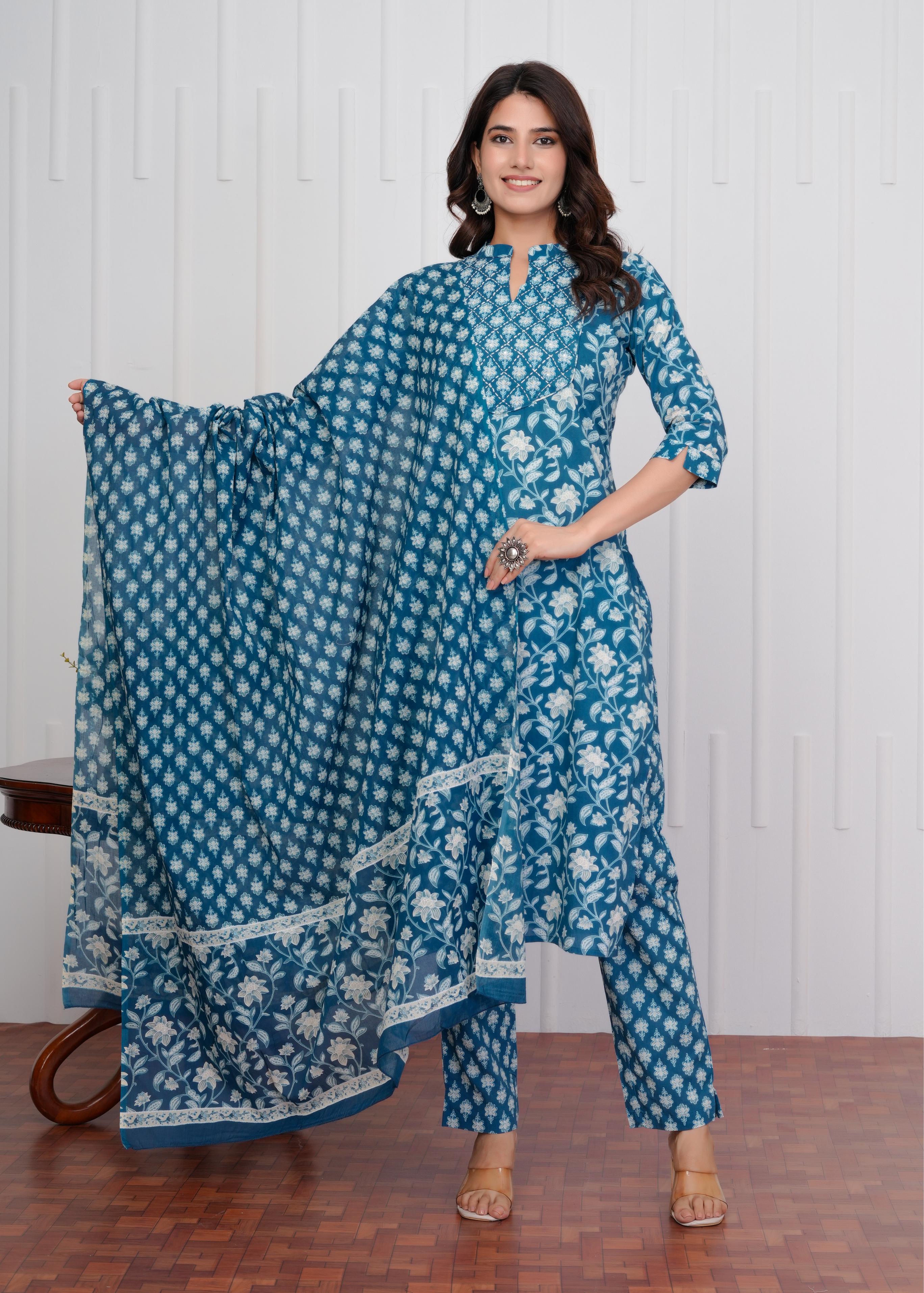 Cotton Printed Straight Blue Kurta Set With Dupatta