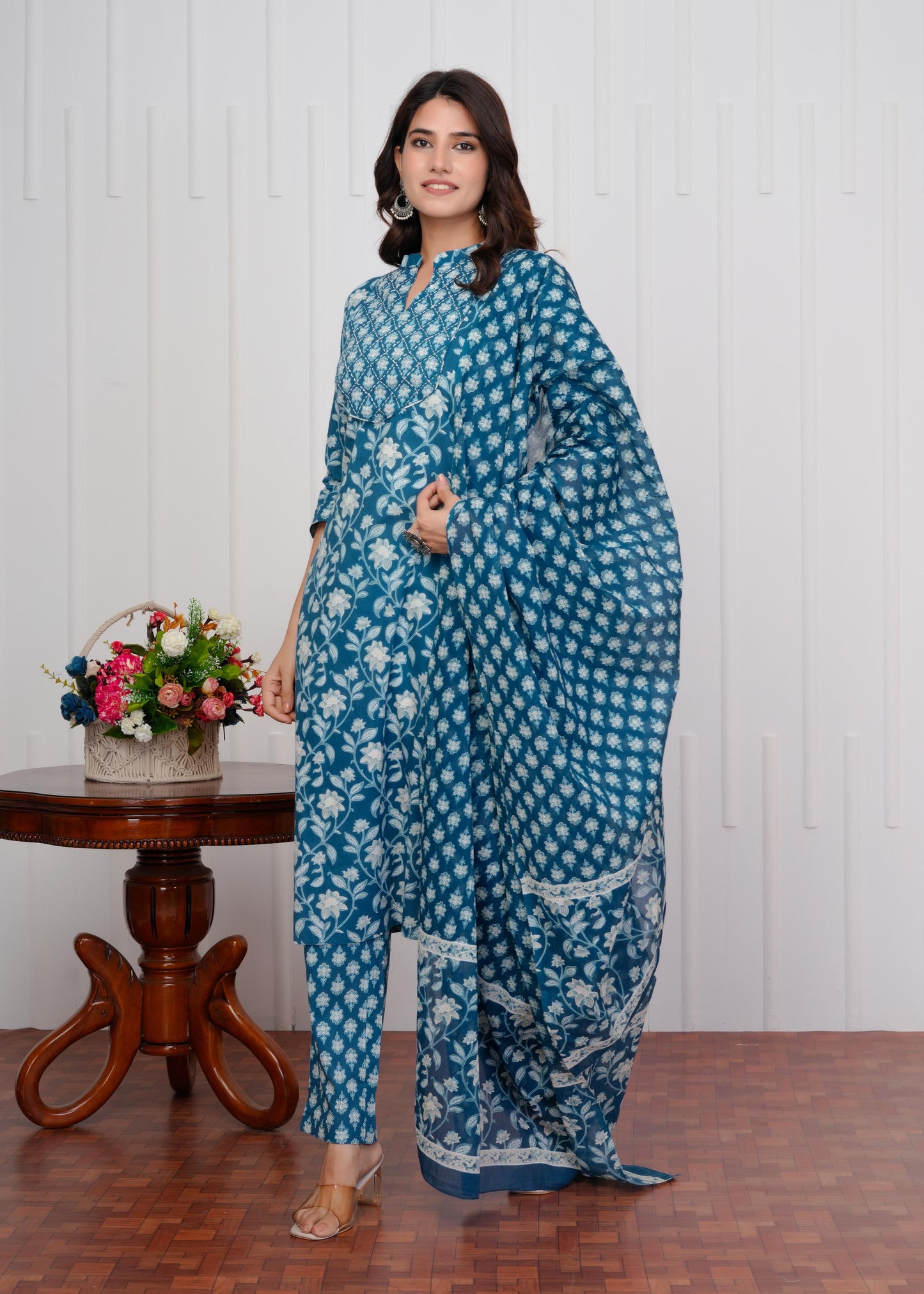 Cotton Printed Straight Blue Kurta Set With Dupatta