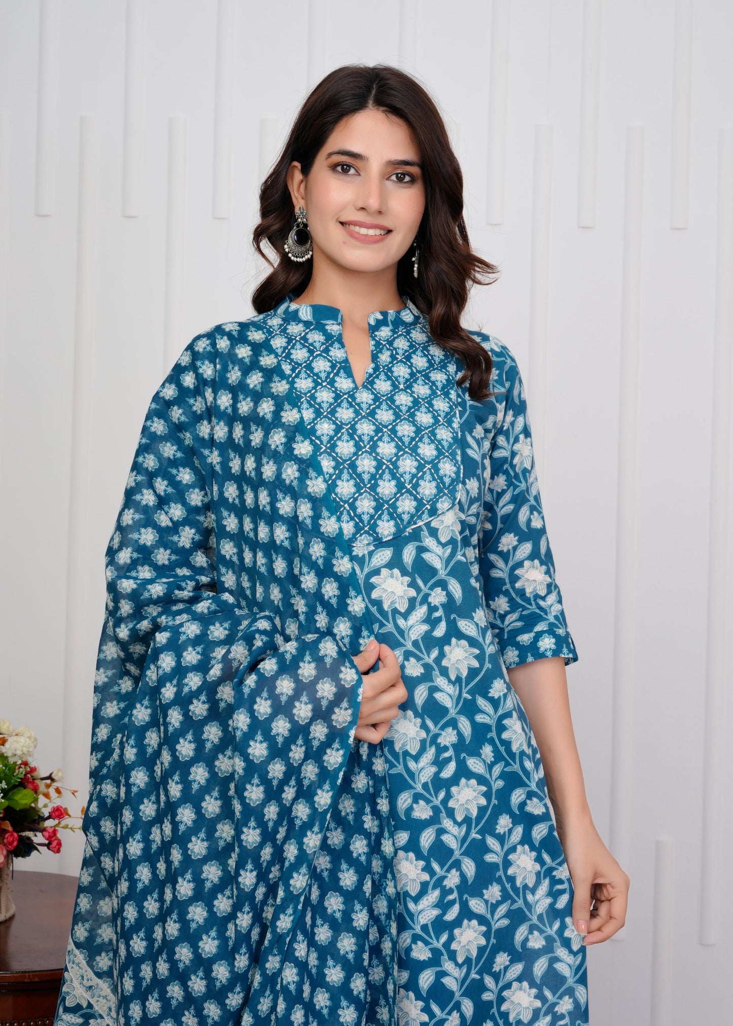 Cotton Printed Straight Blue Kurta Set With Dupatta