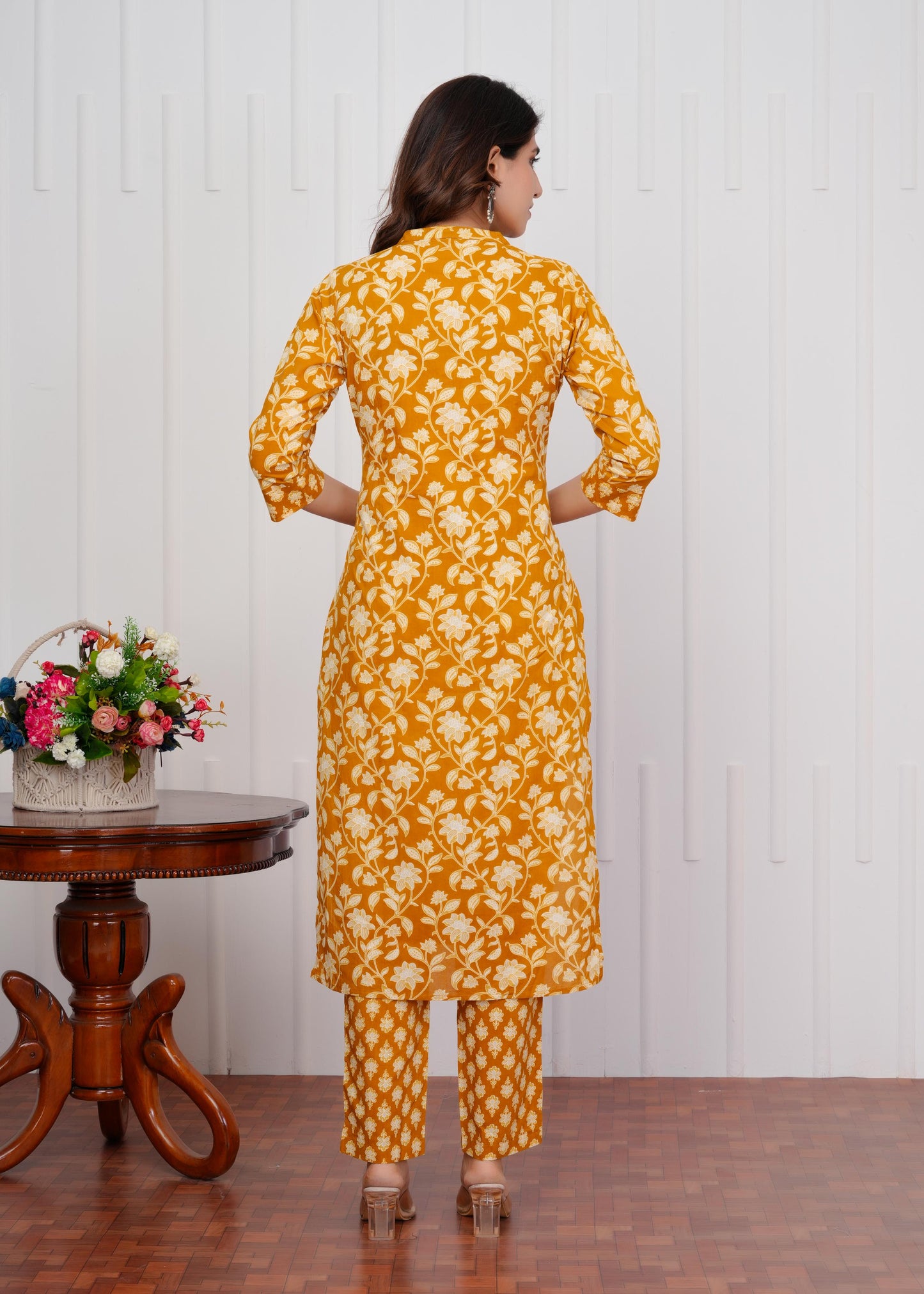 Cotton Printed Straight Yellow Kurta Set With Dupatta