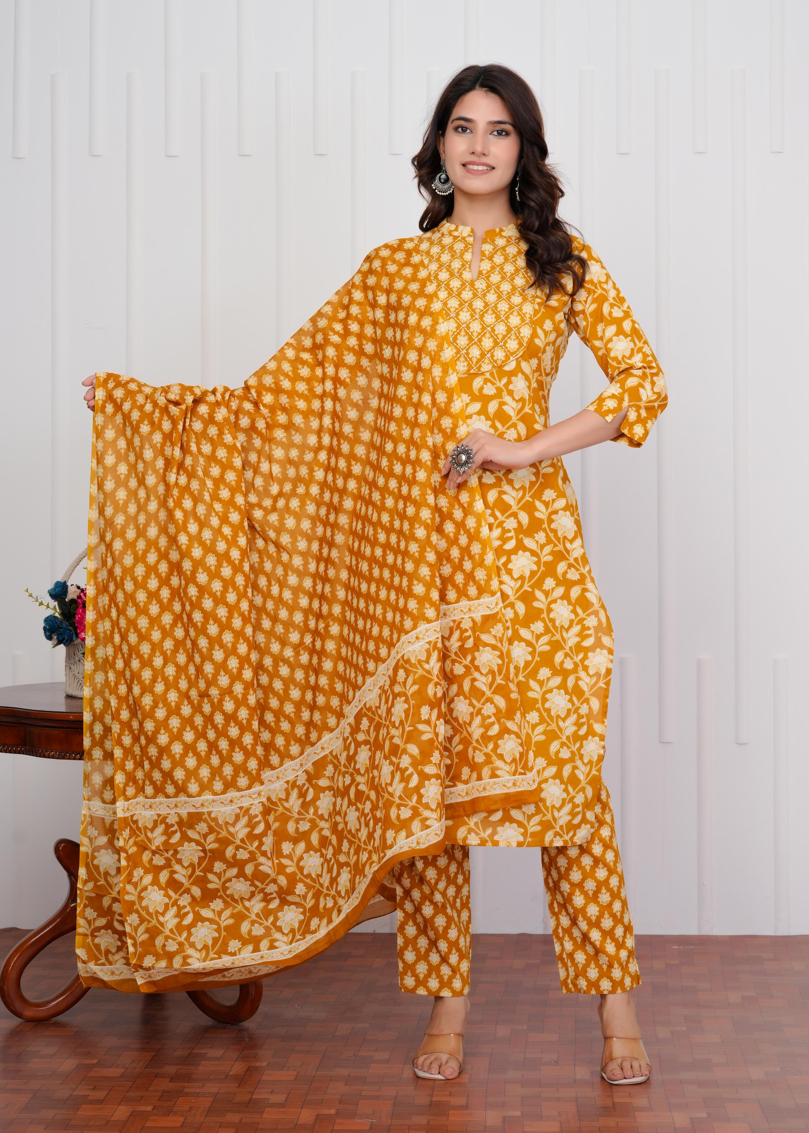 Cotton Printed Straight Yellow Kurta Set With Dupatta