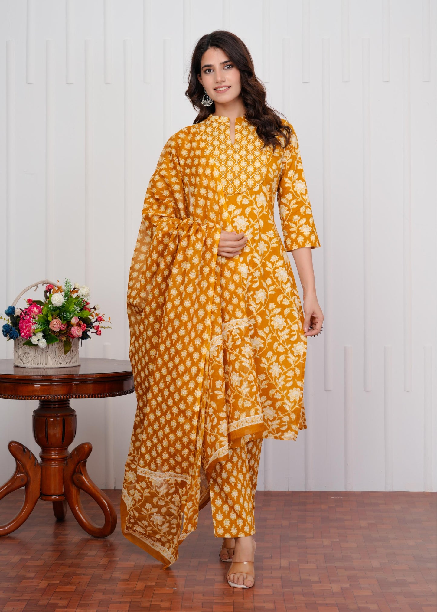 Cotton Printed Straight Yellow Kurta Set With Dupatta