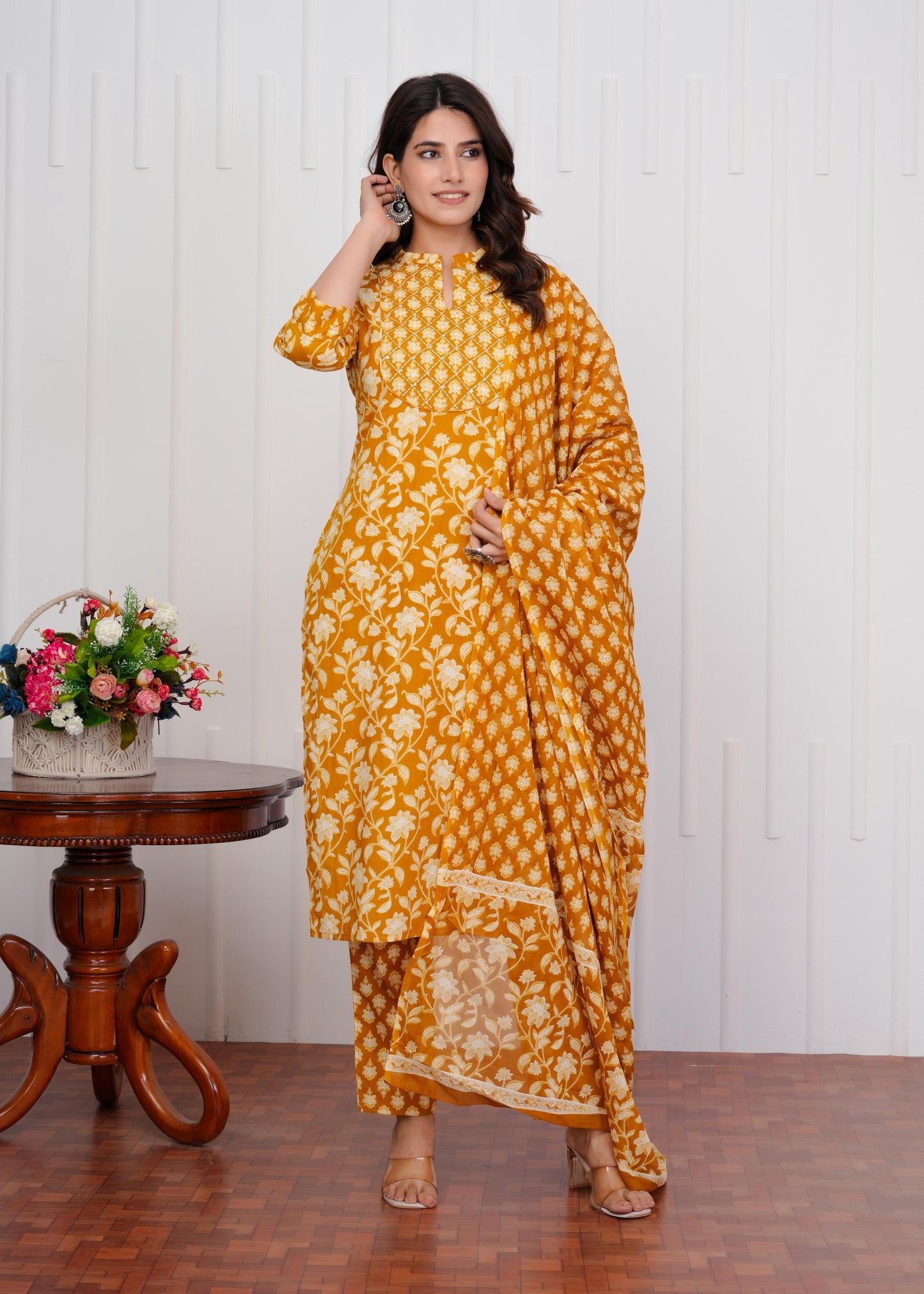 Cotton Printed Straight Yellow Kurta Set With Dupatta