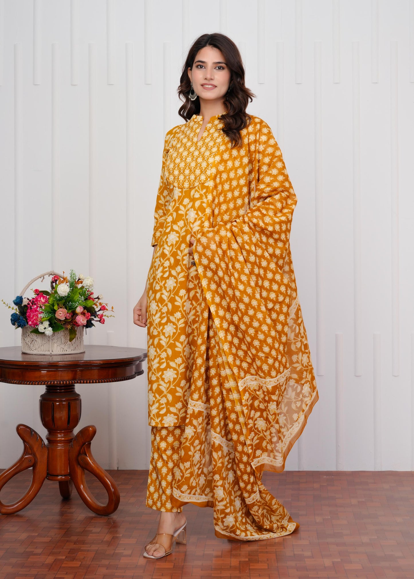 Cotton Printed Straight Yellow Kurta Set With Dupatta