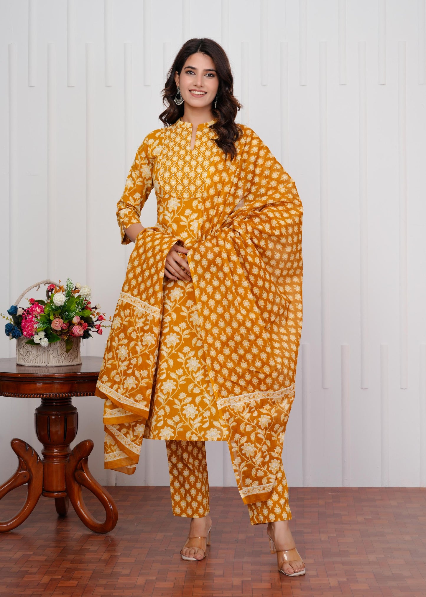 Cotton Printed Straight Yellow Kurta Set With Dupatta