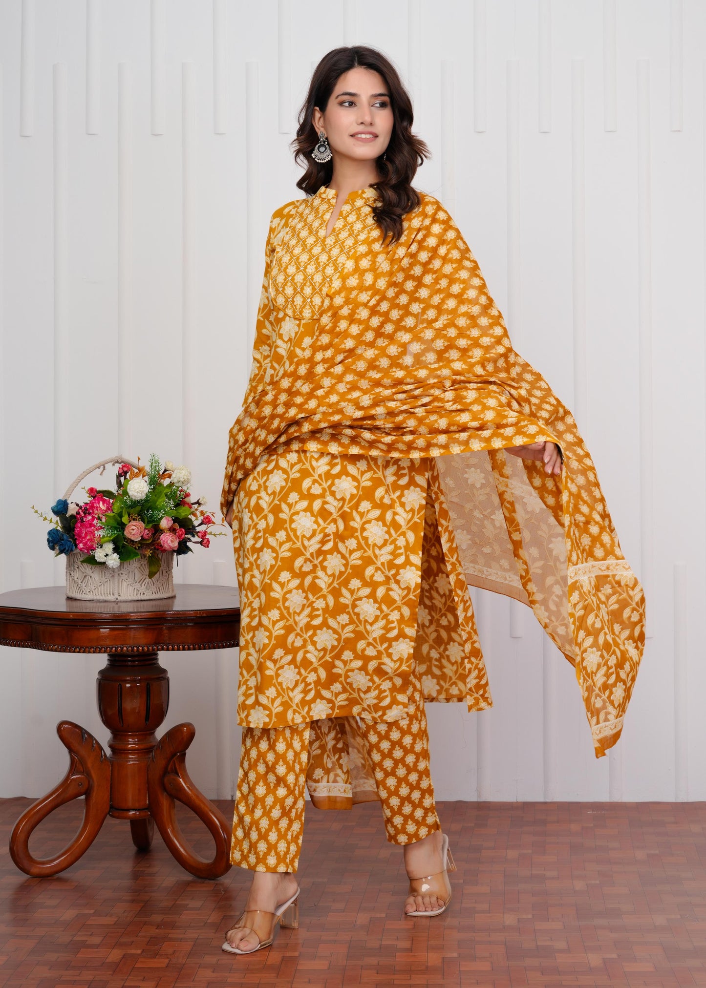 Cotton Printed Straight Yellow Kurta Set With Dupatta