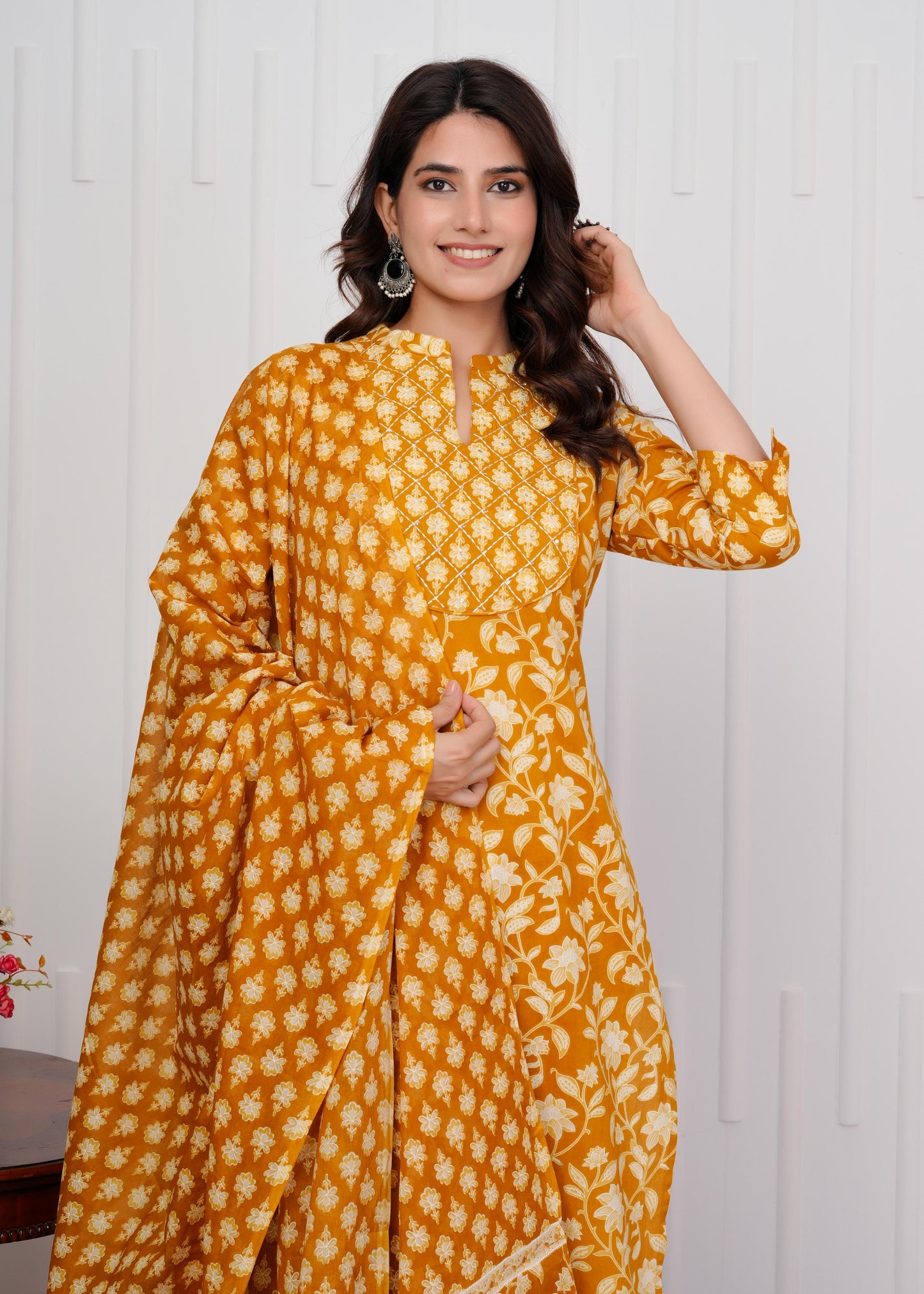 Cotton Printed Straight Yellow Kurta Set With Dupatta