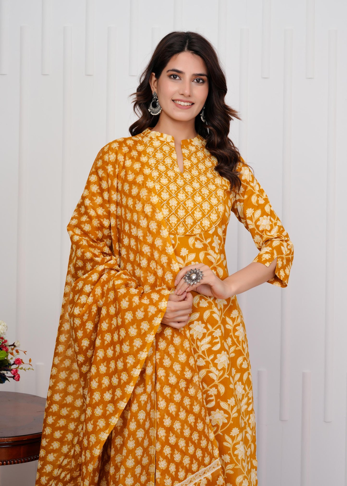 Cotton Printed Straight Yellow Kurta Set With Dupatta