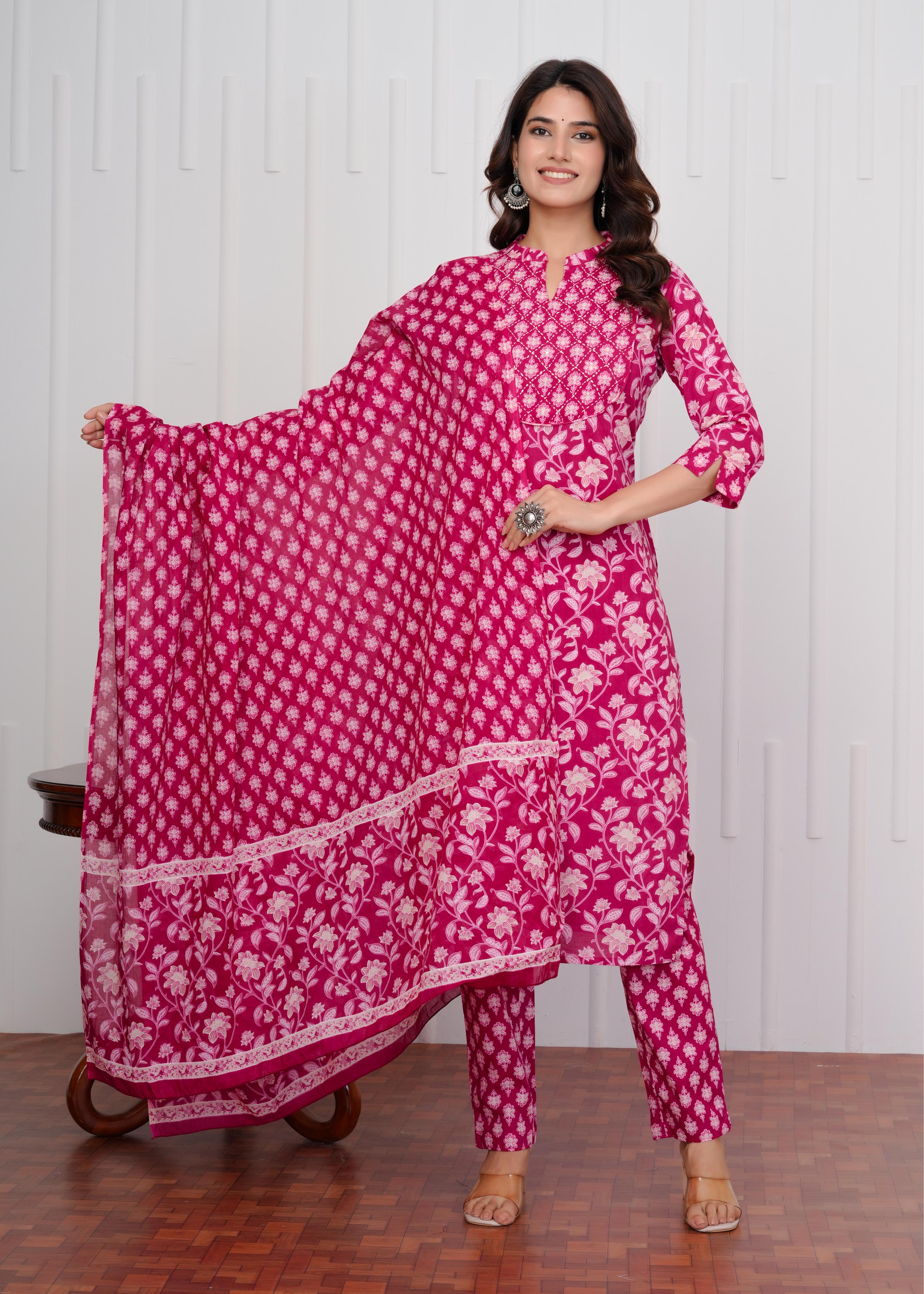 Cotton Printed Straight Pink Kurta Set With Dupatta
